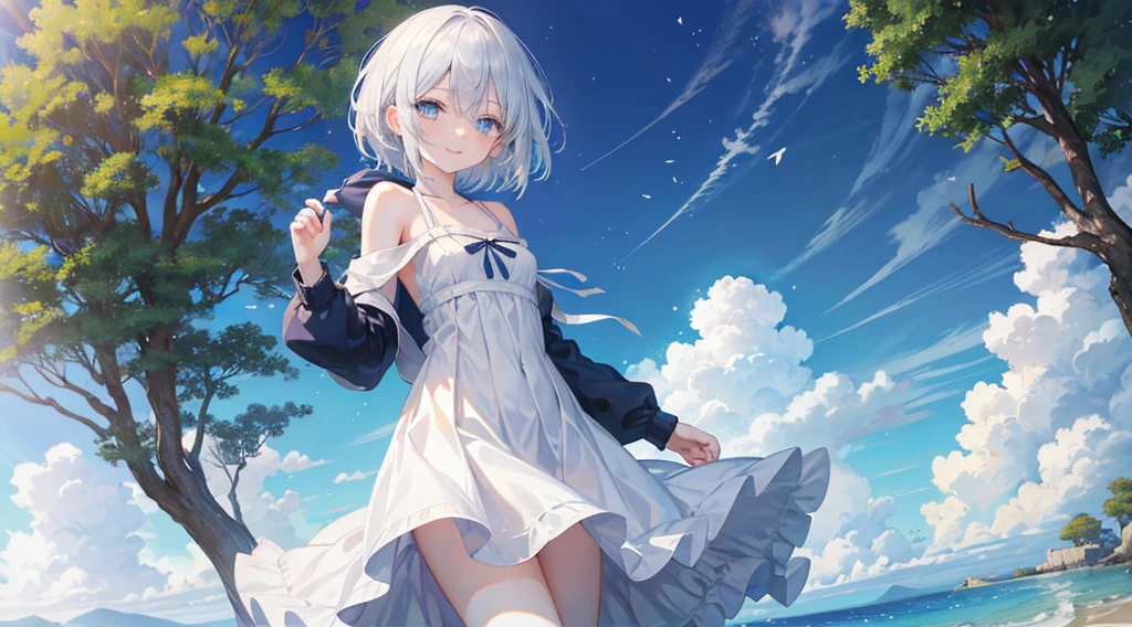 mid-shot, Look at viewers, hands behind back, girl with, 20 years old, Very short hair, long bangs between eyes, hair over shoulder, Grey Hair, Floating hair, ^ ^, pale blue eyes, Short dress, Hoodie, Skirt, Bare shoulder, White clothes, Blue sky, Nature, Sunlight, Extremely detailed,(​masterpiece、top-quality)、独奏、1womanl、White hair、the tips of the hair are blue、Blue eyes、A smile、White skin as clear as snow、Fantastical,Small breasts, Silver hair, Blue eyes, Beautiful eyes, Teen Girl, Ecstasy, charmed, be smitten with audience, Hoodie, Hoodie with open front, fantastic landscape, Shoulder out,Sea view
