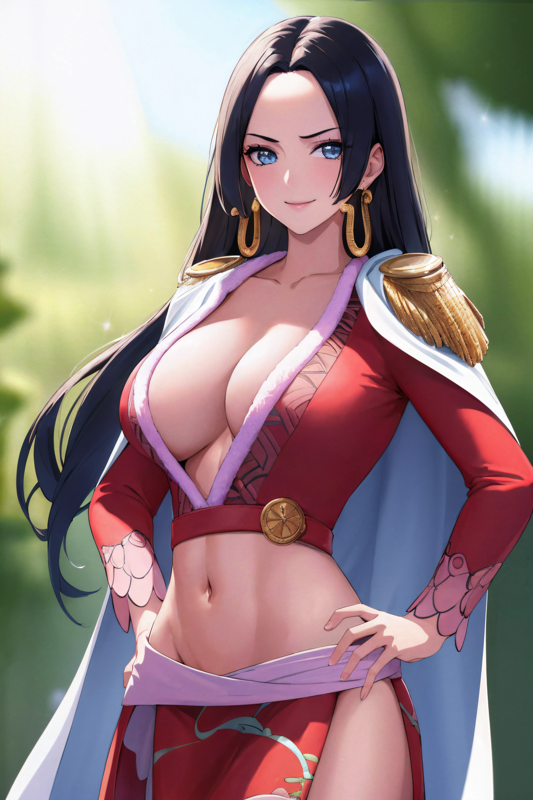 (masterpiece, best quality:1.2), cowboy shot, solo, 1girl, boa hancock, smile, looking at viewer, hand on hip, cape, epaulettes, cleavage, jewelry, earrings, midriff,NSFW,official art,extremely detailed CG unity 8k wallpaper, perfect lighting, (masterpiece:1.0),(best_quality:1.0), ultra high res,4K,ultra-detailed, photography, 8K, HDR, highres, absurdres:1.2, Kodak portra 400, film grain, blurry background, bokeh:1.2, lens flare, (vibrant_color:1.2),(beautiful_face:1.5),(narrow_waist),(perfect hands, perfect ),