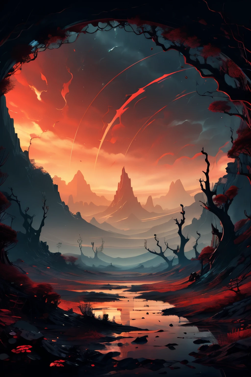 Generate an illustration of a chaotic world, the sky is a red expansive void, covered with criss-crossing black lines and swirling shapes, oceans of black ink-like substance. the flat landscape is infested with jumbled roots and the trees are twisted in chaotic, hellish forms with blades of grass and vines. Masterpiece, 8k, high resolution, highly detailed.