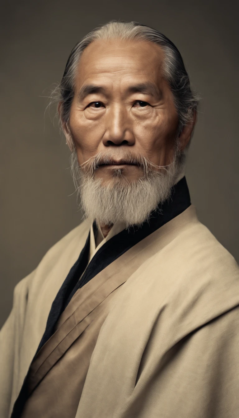 Ancient、Slightly fat、Chinese old man portrait（immortal）；largeeyes、二重まぶた、with a round face、Low cheekbones、Long beard、White hair、no headwear、Hair tied up；yellow clothing。solid color backdrop[[[paper texture 1.0]]];（close-up1.2），Audience visual inspection（facing at the camera）；真实感、hyper HD, retinas, tmasterpiece, Acura, Anatomically correct, Award-Awarded, high high quality, high detal, super detailing, ctextured skin, Best quality, A high resolution,k hd, 4K, 8K, 16k。