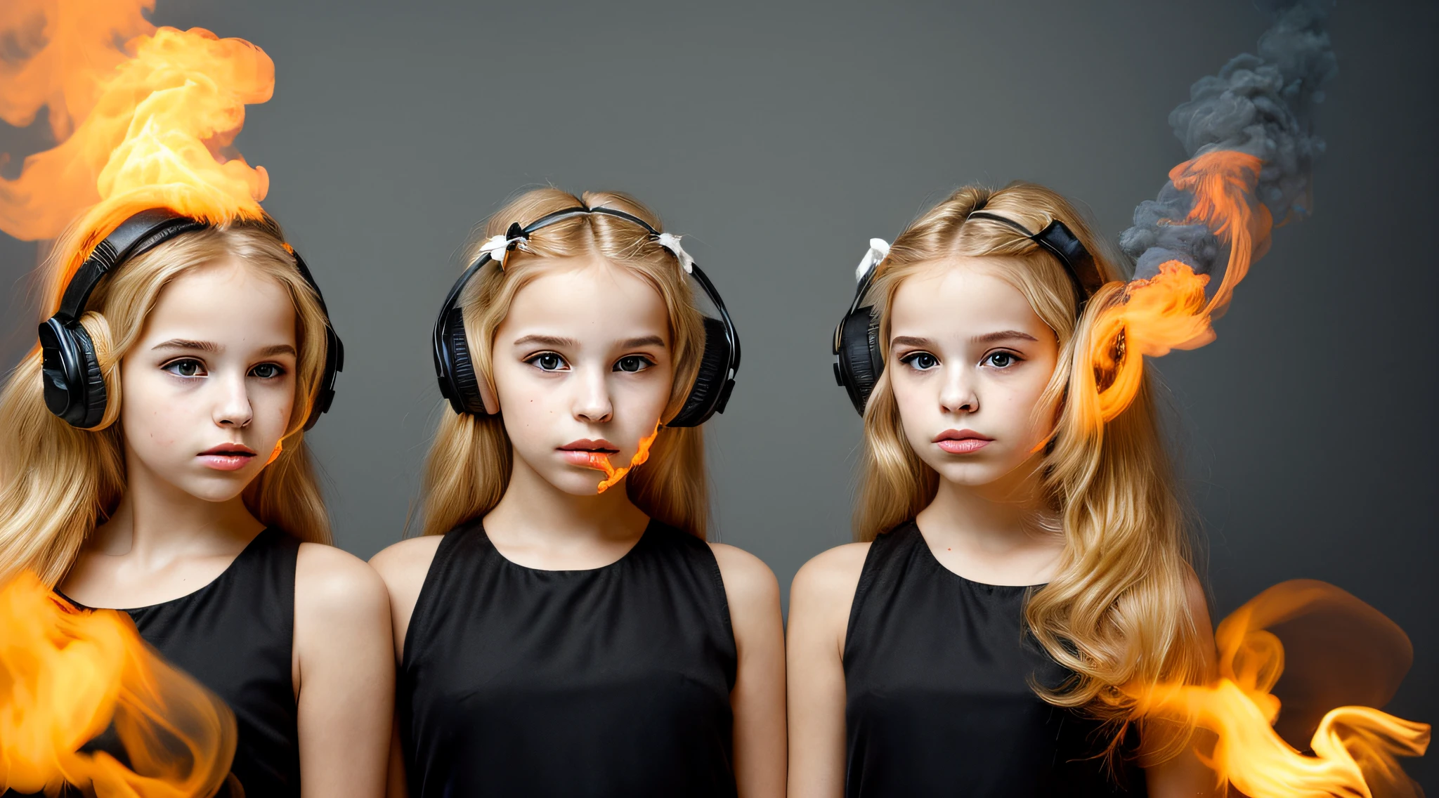 two BLONDE girls with bows on their heads and one wearing a BLACK dress, HEADPHONES FIRE AND FIRE. smoke billowing, gemini twins portrait, faixa de cabelo AMARELO,