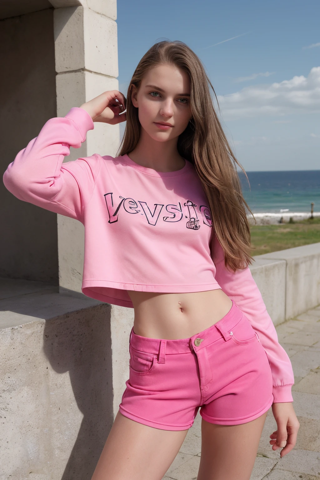 young woman, , iPhone-camera, straight hairs, beautiful, 16 years oldhes, sexy, onlyfans, posing, pink outfit, cool location, verry hot,