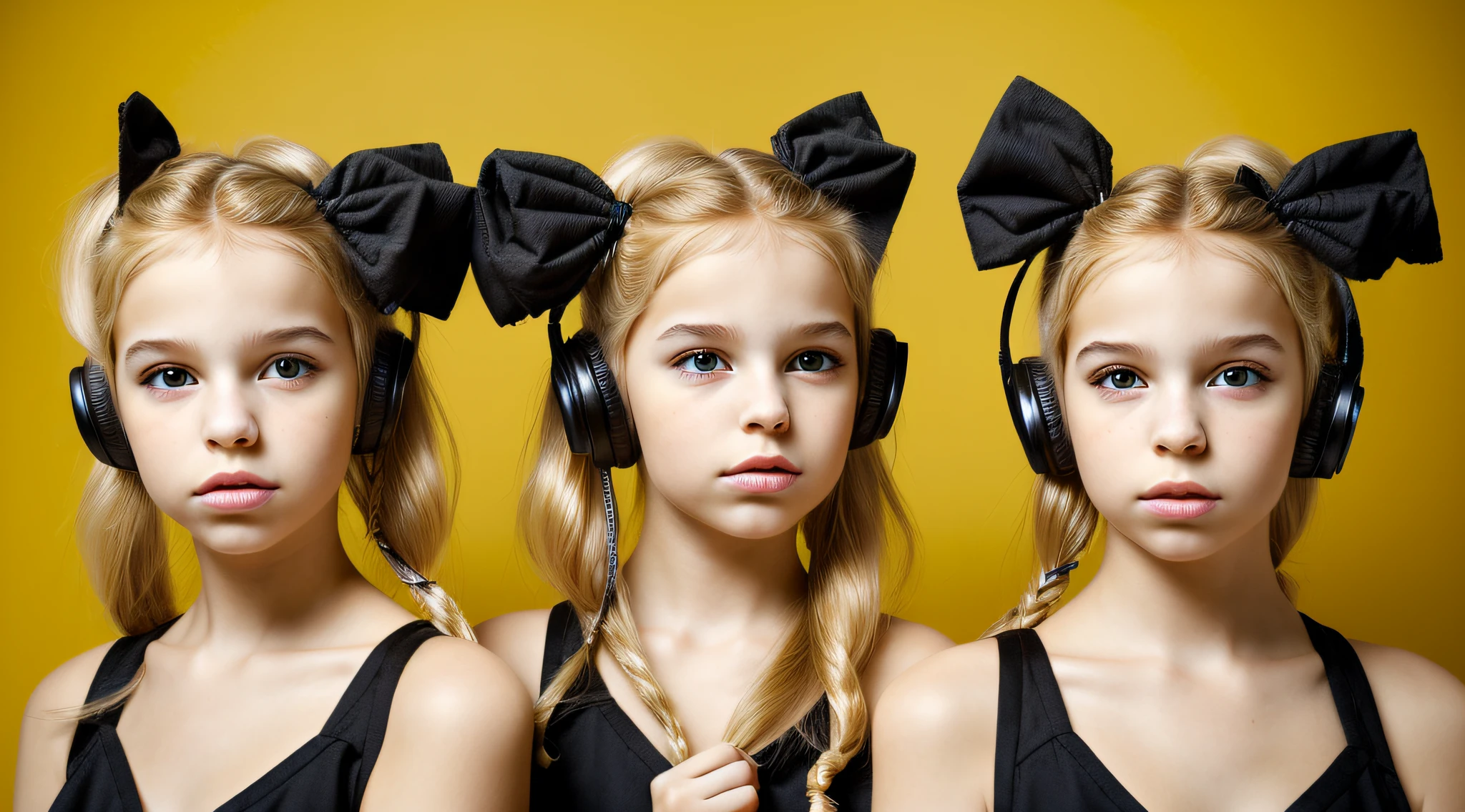 two BLONDE girls with bows on their heads and one wearing a BLACK dress, HEADPHONES FIRE AND FIRE. smoke billowing, gemini twins portrait, faixa de cabelo AMARELO,