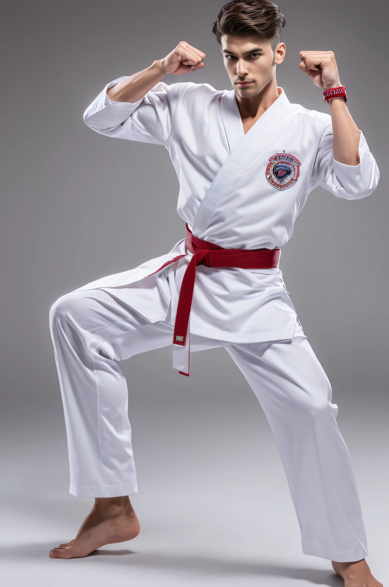 a picture, a handsome, Full body portrait of an attractive man, 8K, musculature, beautiful faces detailed, cool expression, shorth hair, Long muscular legs, bare-legged, Detailed muscular physique, a picture, (​masterpiece, top-quality, top-quality, Official art), Stick out your fist, Large and dynamic movements, Photorealistic depiction,20yr old, Toned waist, White Karate Uniform, Karate Belt, White karate pants, Accurate depiction of details, Perfect skeleton, Look straight at your audience, sharp gaze