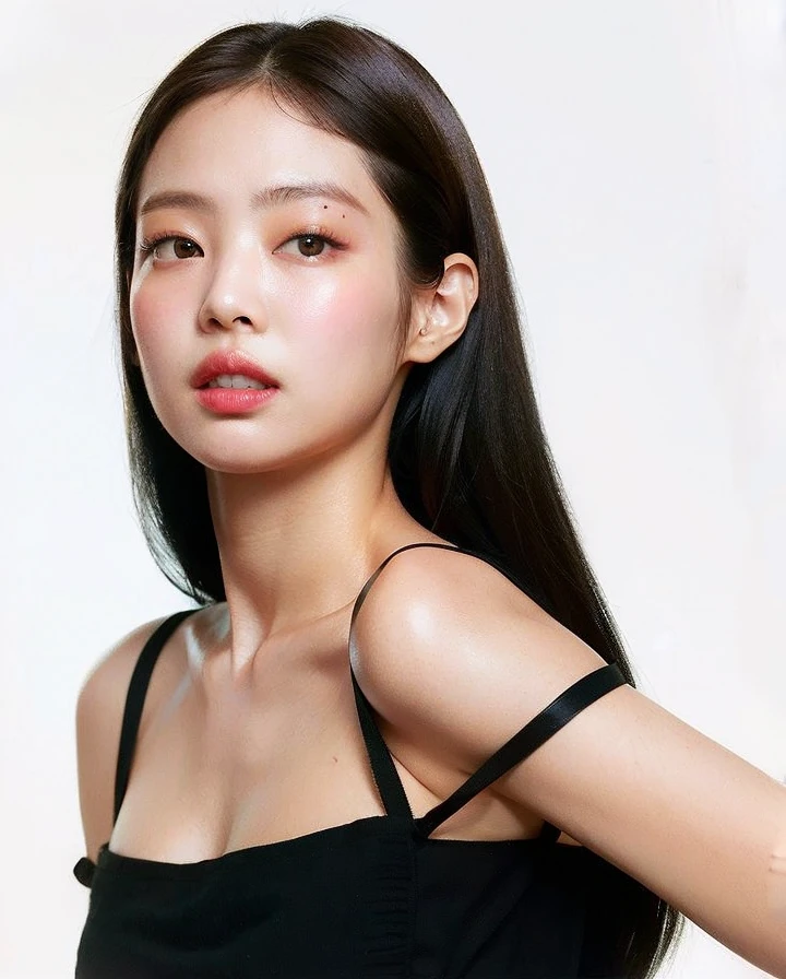 Jennie kim, cabello rubio, cabello trenzado, mirada fija, ojos rojos, pechos pronunciados