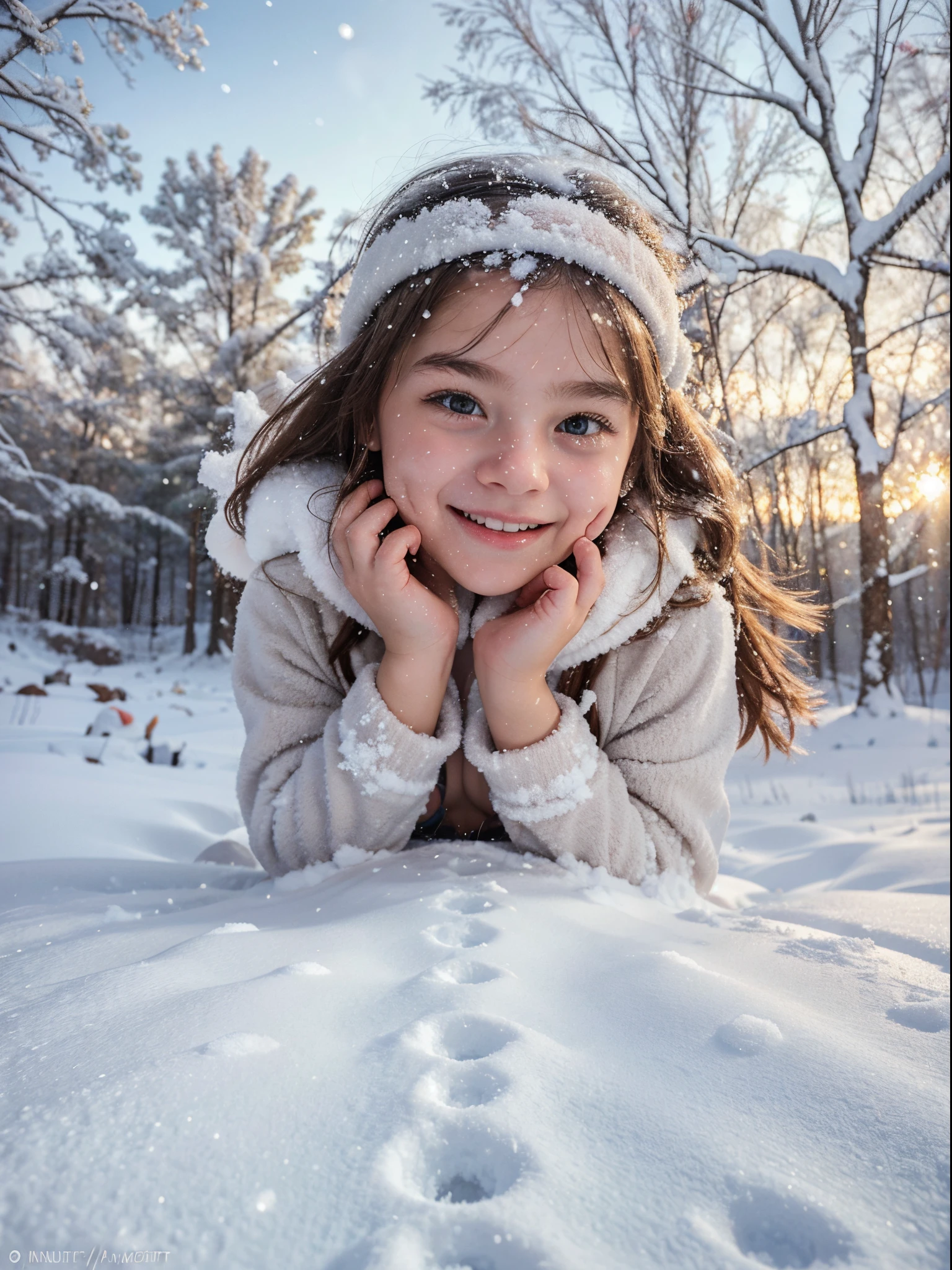 a little daughter in a bikini on a snowy field,illustration,snow-covered,white landscape,frosted trees,winter wonderland,crystal clear,sledding,tiny footprints,sparking snowflakes,breath visible in the cold,playful attitude,rosy cheeks,joyful expression,dynamic pose,fun-filled adventure,soft sunlight glowing,crisp and refreshing,masterpiece:1.2,ultra-detailed,realistic:1.37,colorful,soft pastel tones