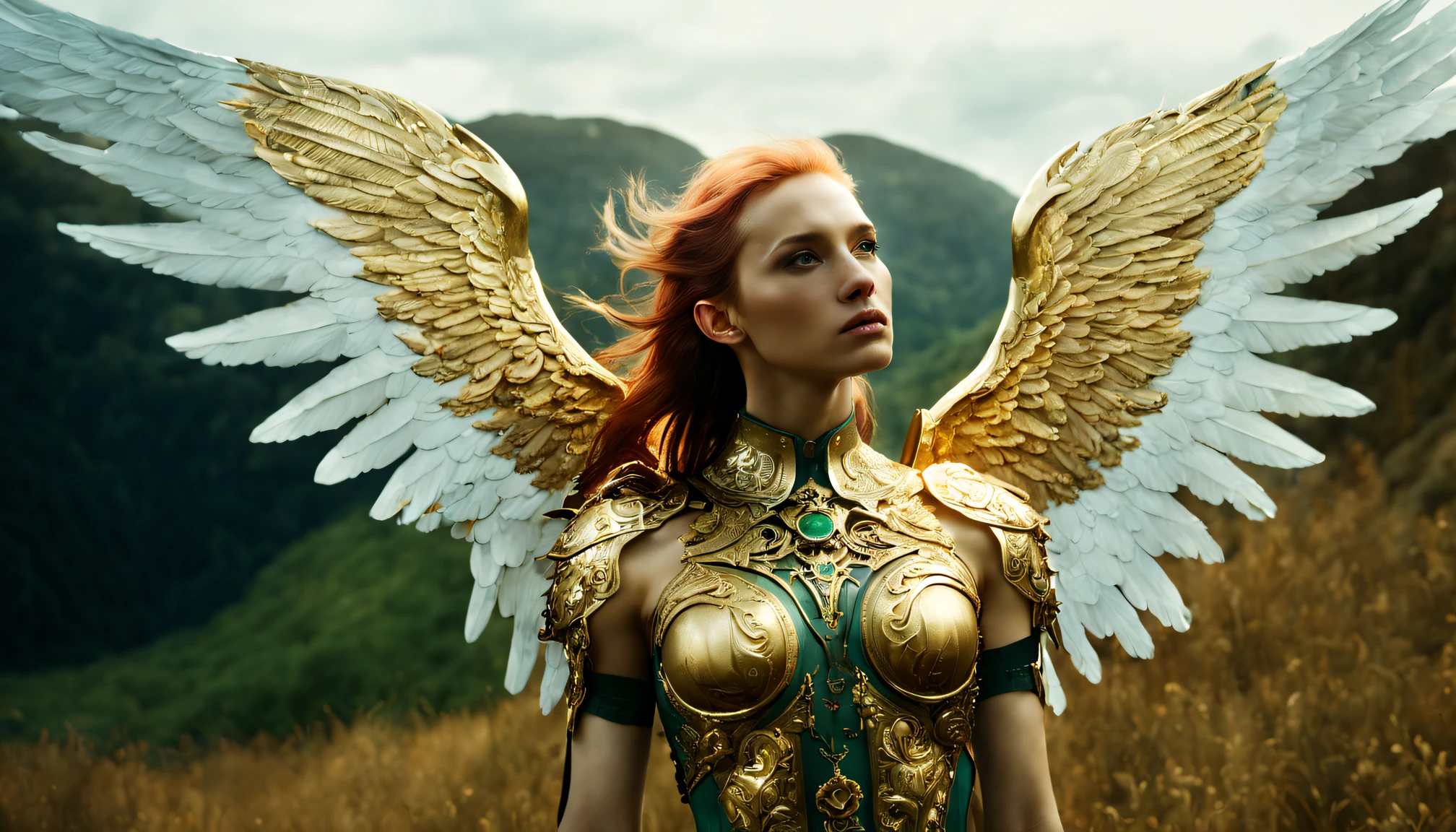 (wide angle),(Aetherpunk style:1.4),8k , ultra quality ,nature, pagan imagery, intricate detailed, beautiful valkyrie ,gold detailed holy gorgeous armor, intricate detailed wide angelic wings on her back,spreading angelic wings wide,utopia,magic,detailed,mages,outdoors,amazing scenery,(highly detailed:1.2),(ultra realism:1.2), realistic, detailed, textured, skin, (platinum white hair, green eyes), by Alex Huguet, Mike Hill, Ian Spriggs, JaeCheol Park, Marek Denko ,detailmaster2,more detail XL,(half body image)