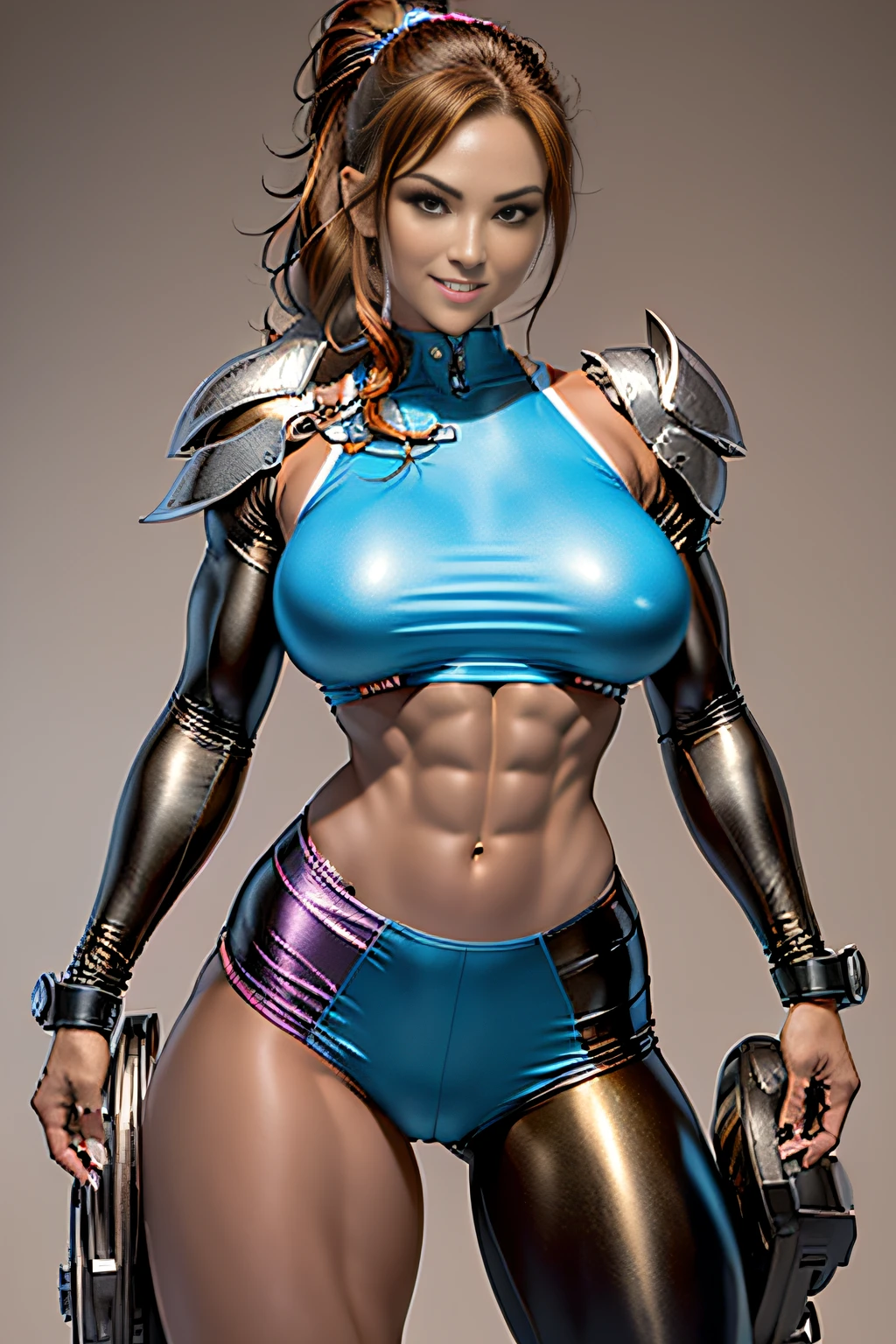 The highest image quality、Exceptional detail、超A high resolution、(真实感:1.4)、The best illustrations、Favor the details、Highly condensed 1girl、looking at the viewers、with a delicate and beautiful face、full armor female solo、His body is covered in metallic purple mecha.、Wearing a mecha helmet、Has a direction controller、Riding a motorcycle、The background is a high-tech lighting scene of a futuristic city。(Sharp Focus:1.2), Photo, attractive young woman, (Beautiful face:1.1), Detailed eyes, luscious lips, (smokey eye makeup:0.85), (large full :1.7), (athletic bodies:1.5), Arafe woman solo with ponytail hair、Fitness Model、Five-fingered、thin and long legs,、red hairs、blue eyes、Fitness Body Shape、Pose ready to fight、Mischievous smile