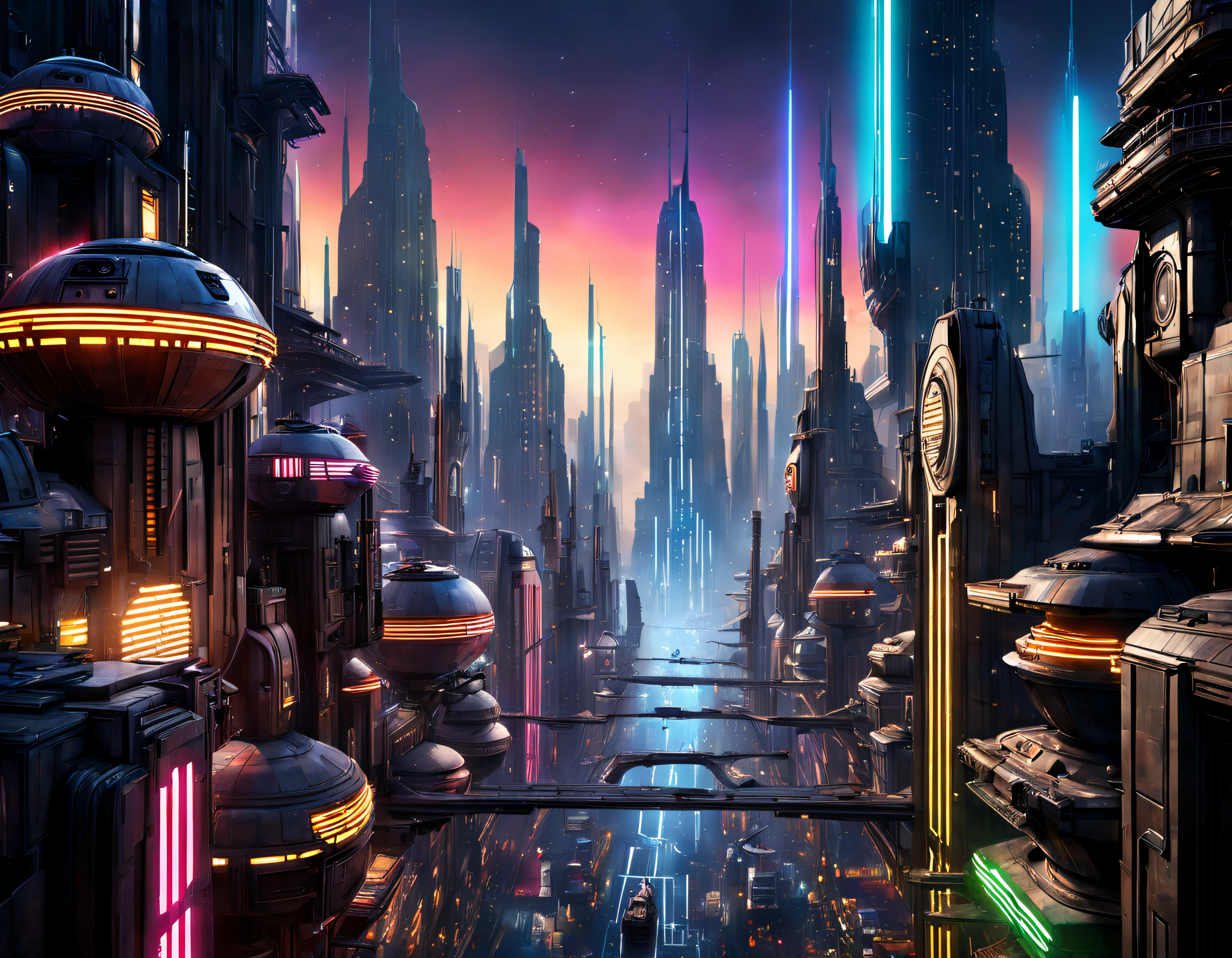 (The city of Coruscant from Star Wars as designed by Doug Chiang), futuristic fantasy city with immense buildings of technological design (que forman una avenida infinita), edificios compactor no difuminados con aspecto metalico,luces en ventanas en edificios y luces de neon de diferentes colores en la calle, con estructuras acristaladas espectaculares, (con colores vivos). pavimento ensolado (sin brillo). gente paseando. imagen bien definida con muchos edificios juntos. imagen nitida bien definida 8k. los edificios llegan alta el fondo.,8k. imagen cinematografica.