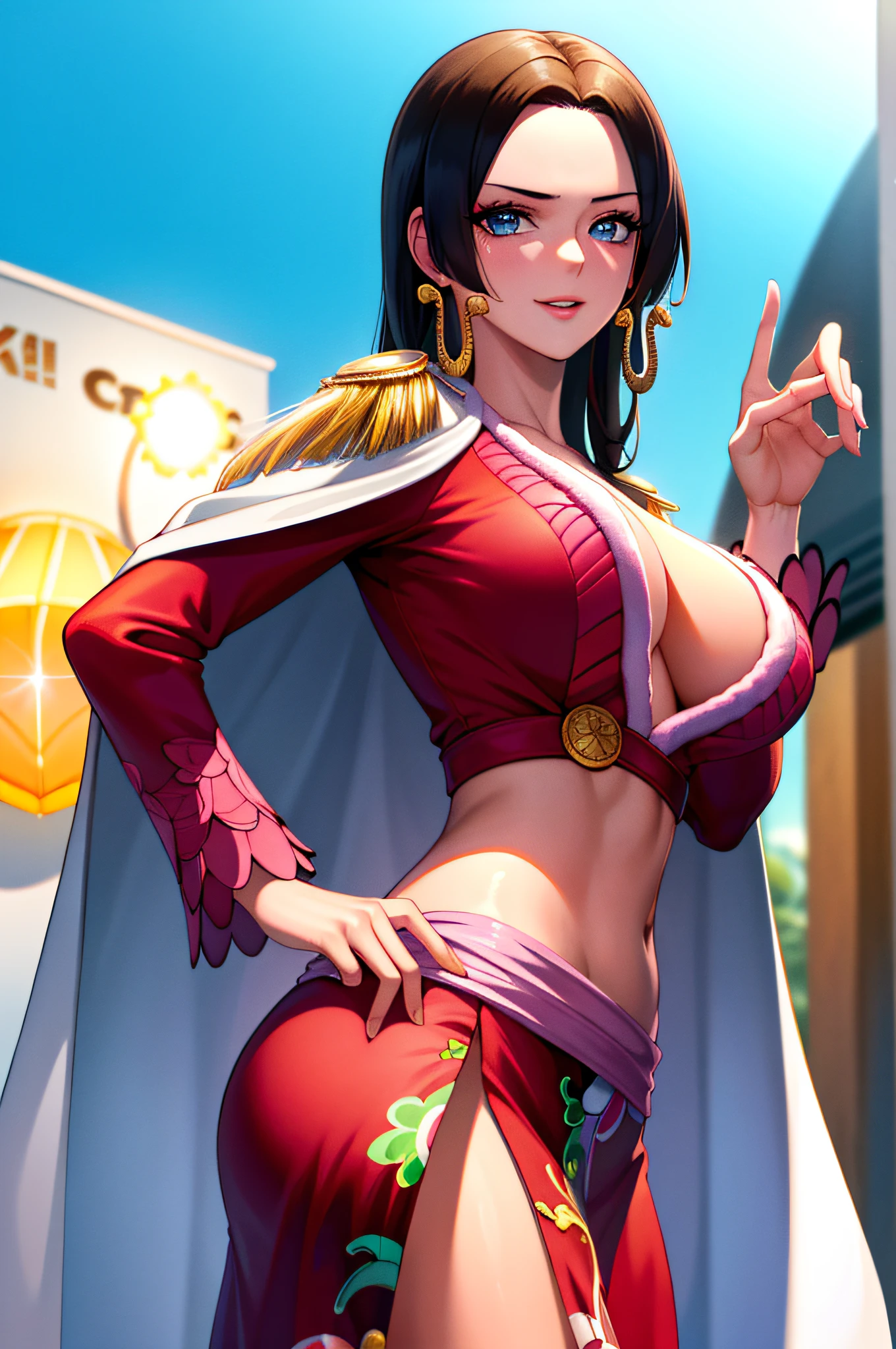 (masterpiece, best quality:1.2), cowboy shot, solo, 1girl, boa hancock, smile, looking at viewer, hand on hip, cape, epaulettes, cleavage, jewelry, earrings, midriff,NSFW,official art,extremely detailed CG unity 8k wallpaper, perfect lighting, (masterpiece:1.0),(best_quality:1.0), ultra high res,4K,ultra-detailed, photography, 8K, HDR, highres, absurdres:1.2, Kodak portra 400, film grain, blurry background, bokeh:1.2, lens flare, (vibrant_color:1.2),(beautiful_face:1.5),(narrow_waist),(perfect hands, perfect anatomy),