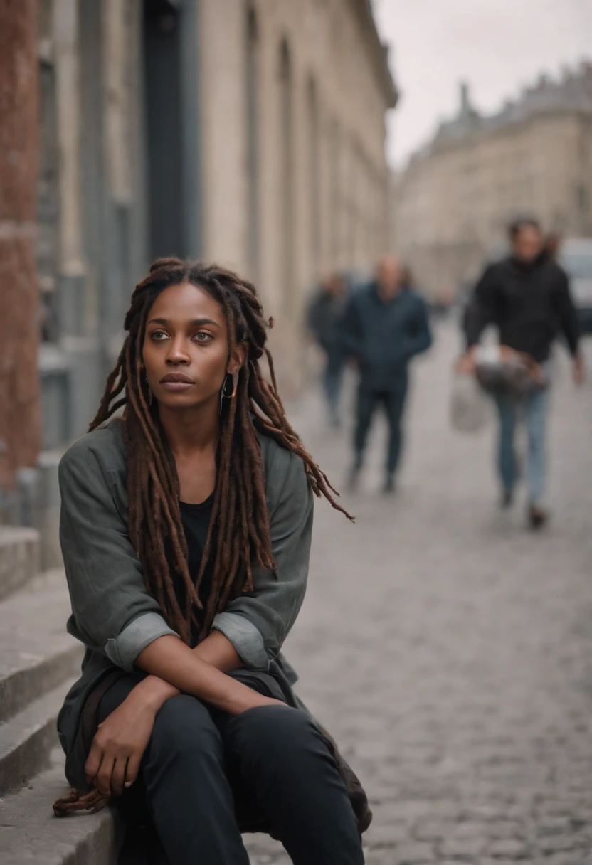 Poète noir dreads assis sur un trottoir urbain portant des vêtements décontractés