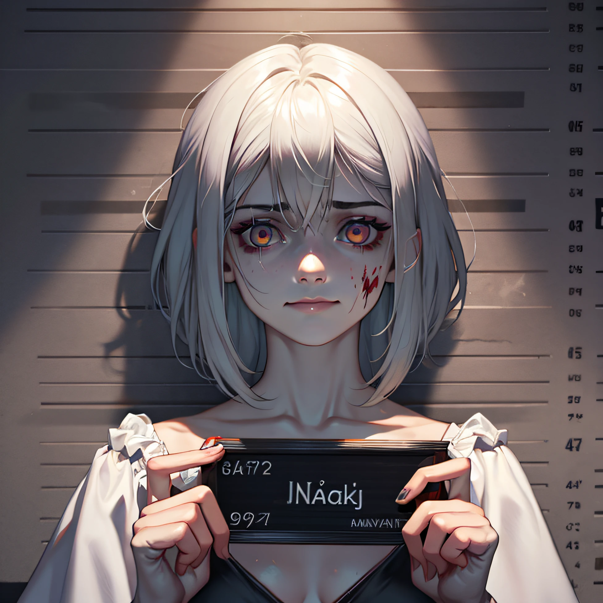corpse, sinister, female, thin, pale, looking at the camera, ultra realistic, fully detailed, cemetery environment, bright eyes, white dress torn and stained with blood, bones exposed, putrid wounds, sensual, terrifying, bruised by the body, exposed fracture in the collarbone, slight smile, super detailed, white eyes,gun shots in the body, mahawk hair,
