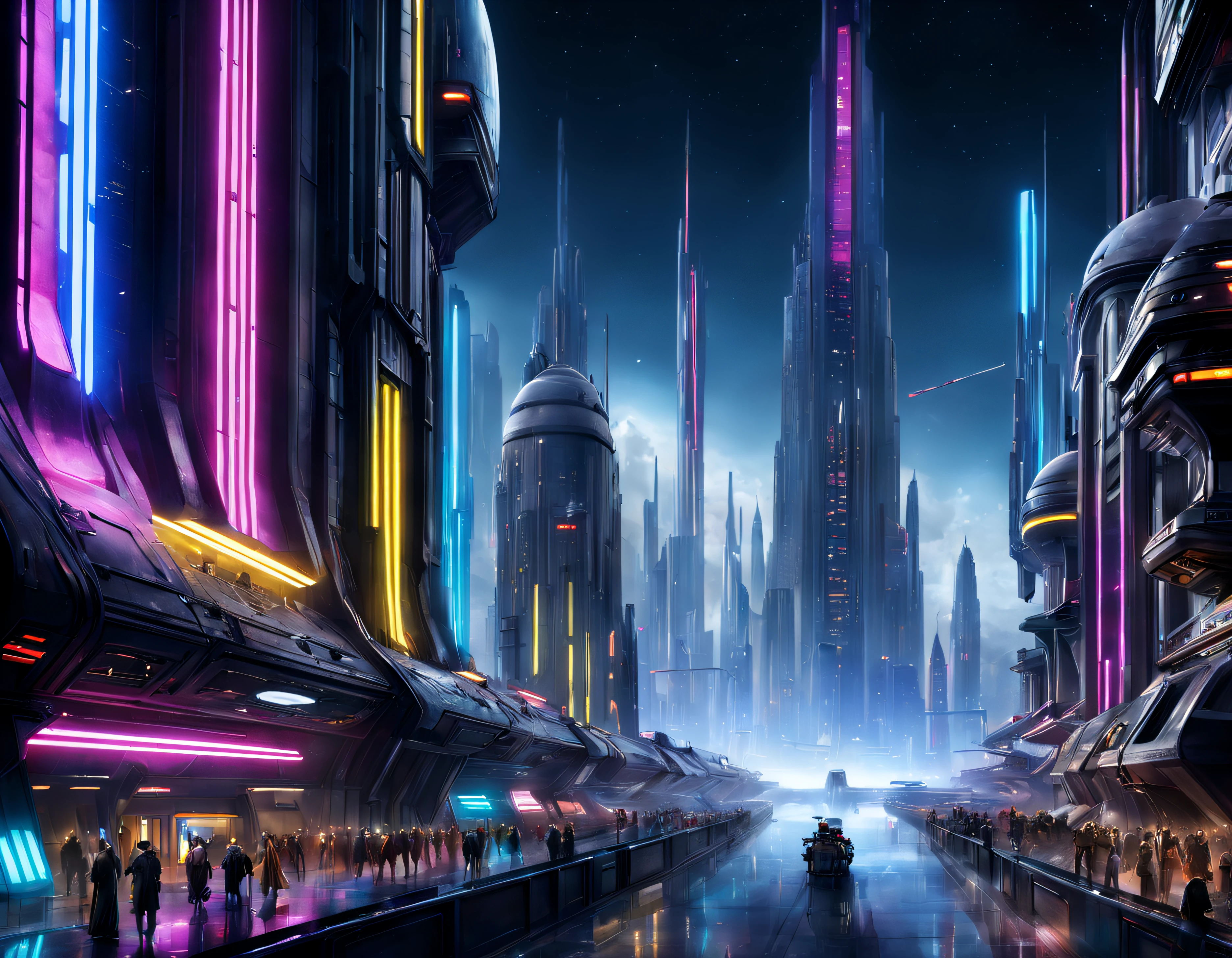 (The city of Coruscant from Star Wars as designed by Doug Chiang), futuristic fantasy city with immense buildings of technological design (que forman una avenida infinita), edificios compactor no difuminados con aspecto metalico,luces en ventanas en edificios y luces de neon de diferentes colores en la calle, con estructuras acristaladas espectaculares, (con colores vivos). pavimento ensolado (sin brillo). gente paseando. imagen bien definida con muchos edificios juntos. imagen nitida bien definida 8k. los edificios llegan alta el fondo.,8k. imagen cinematografica.