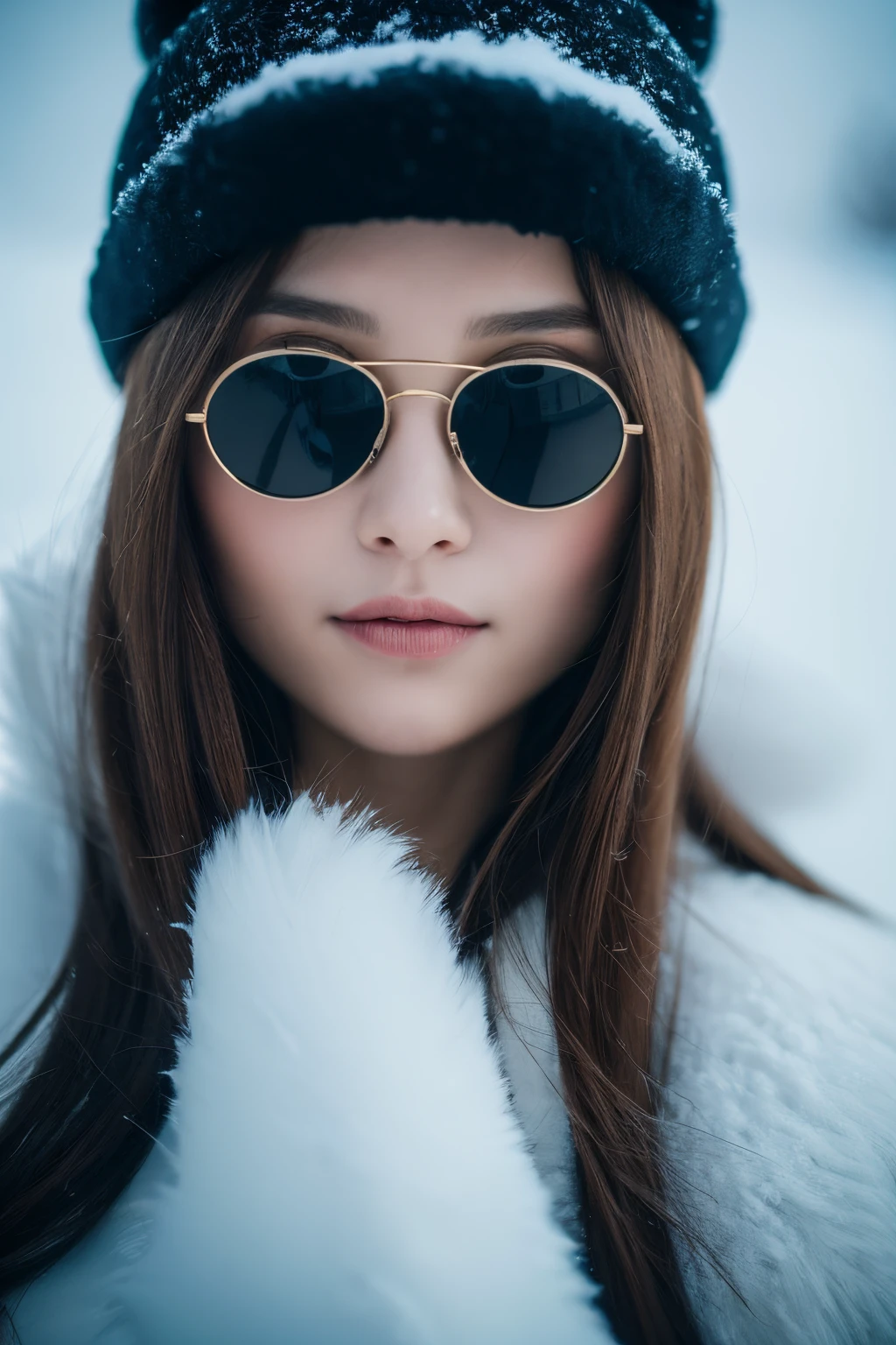(4K), (best quality), (Best details), (ultra realistic), Kai'sa, russian soldier, winter, snow storm, russian hat, sunglasses, beautiful, soldier's salute, looking at viewer, winter war.