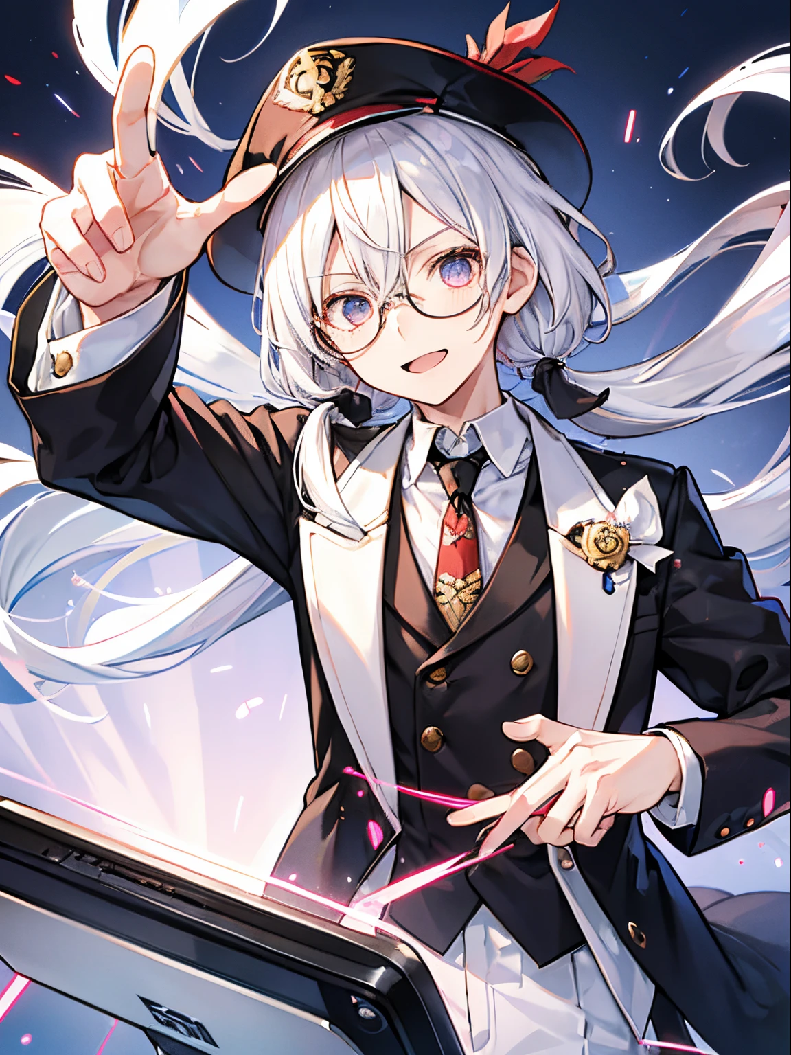 （masutepiece）（high-detail）male in his 20s、white  hair、poneyTail、Hats、tailcoat、neck tie、He wears round glasses with no rims、holding a smartphone in one hand、bright expression、Happily、Background with（It&#39;s like science fiction、Computer LCD screen is floating、He is trying to touch the LCD screen with one hand.）