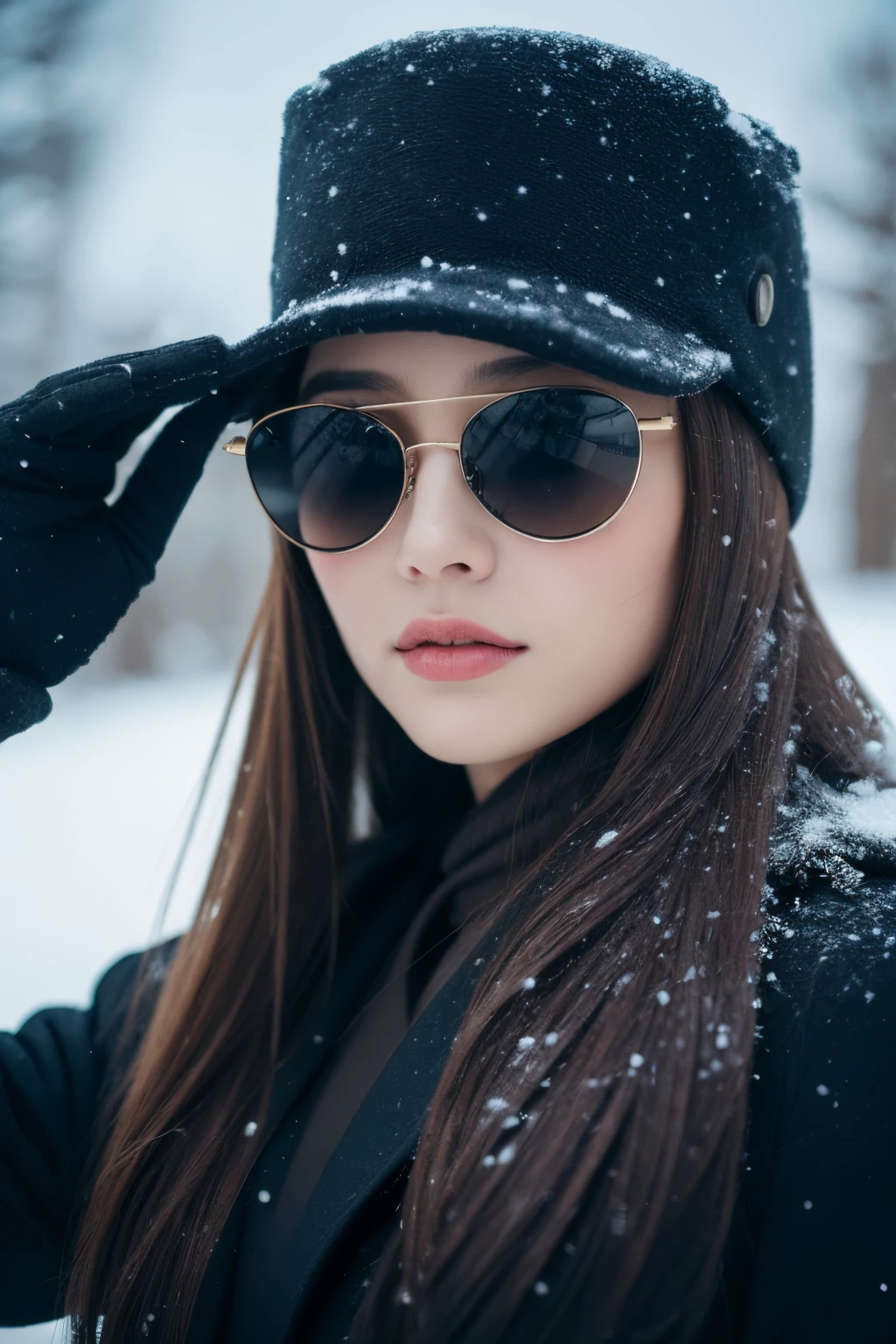 (4K), (best quality), (Best details), (ultra realistic), Kai'sa, russian soldier, winter, snow storm, russian hat, sunglasses, beautiful, soldier's salute, looking at viewer, winter war.