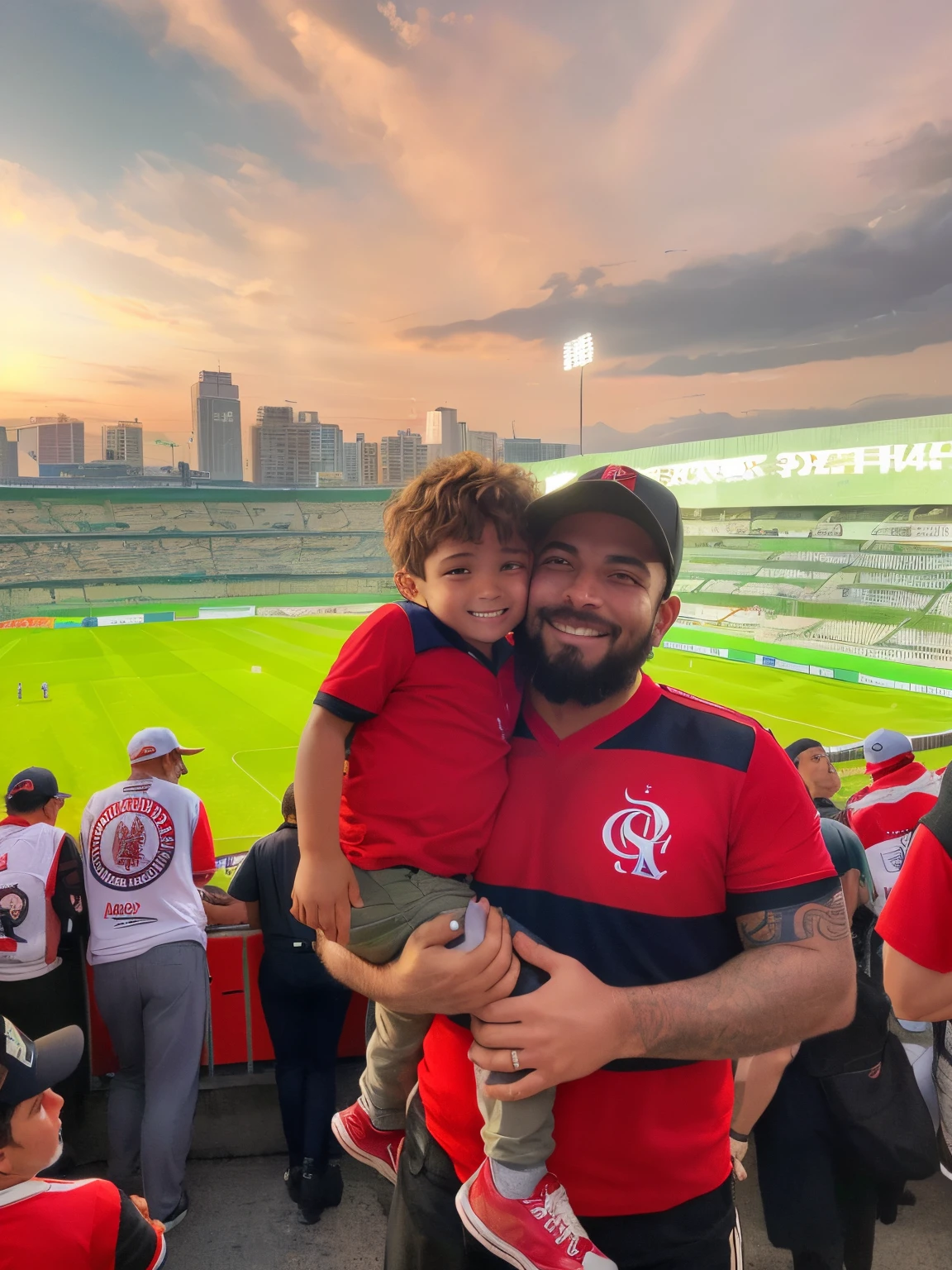 there is a man and a child that are at a baseball game, in sao paulo, with a kid, São Paulo, sao paulo, caio santos, having a great time, thiago lehmann, by Fernando Gerassi, david rios ferreira, with red haze and a massive grin, ronaldo luis nazario da lima, icaro carvalho, evening sunset