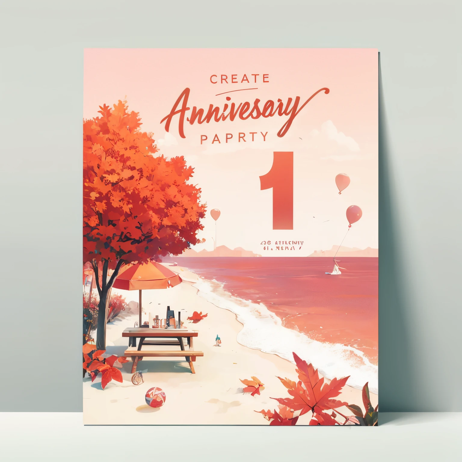 create poster party 1 aniversary in beach anime style with mapple tree