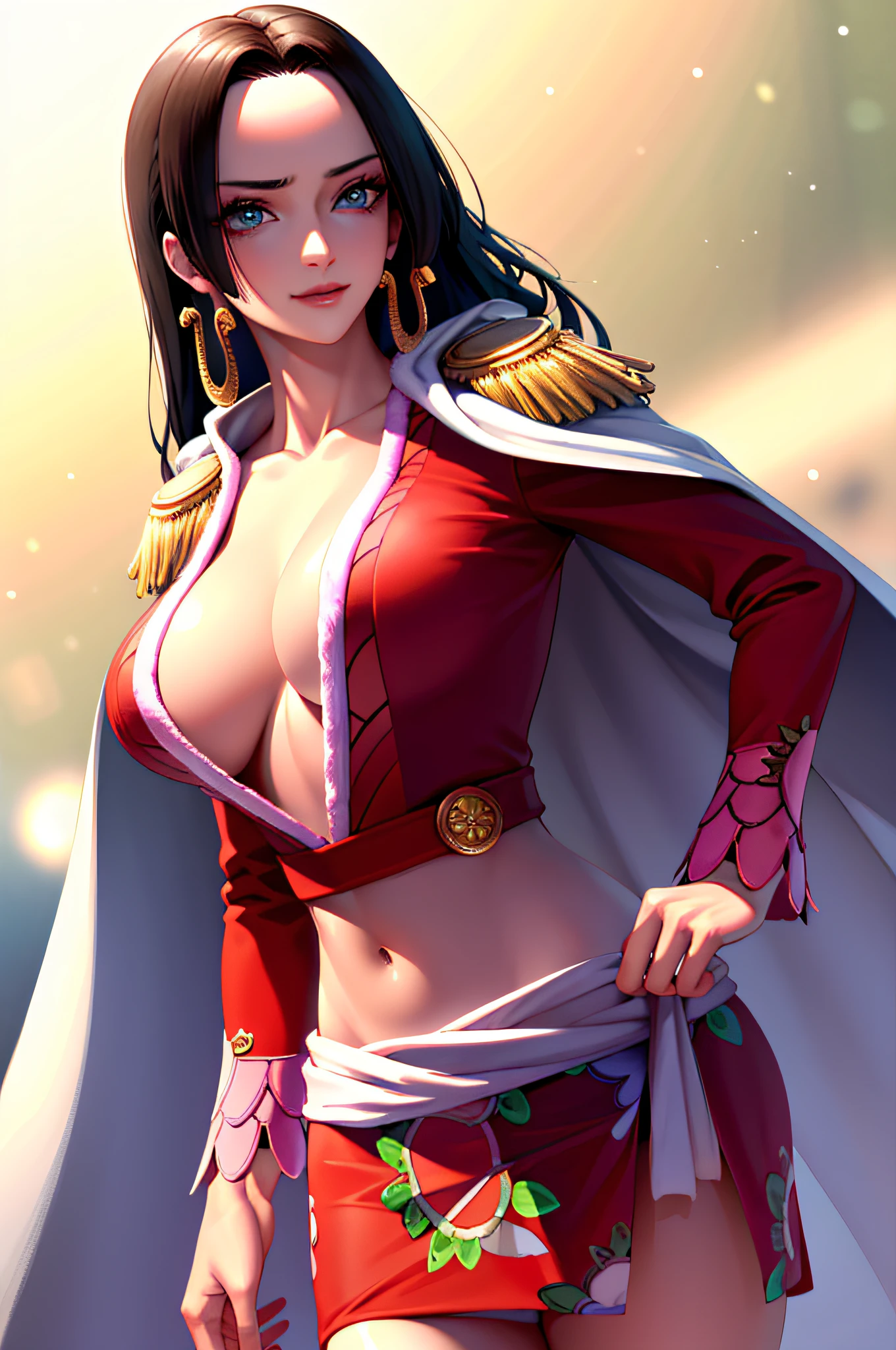(masterpiece, best quality:1.2), cowboy shot, solo, 1girl, boa hancock, smile, looking at viewer, hand on hip, cape, epaulettes, cleavage, jewelry, earrings, midriff,NSFW,official art,extremely detailed CG unity 8k wallpaper, perfect lighting, (masterpiece:1.0),(best_quality:1.0), ultra high res,4K,ultra-detailed, photography, 8K, HDR, highres, absurdres:1.2, Kodak portra 400, film grain, blurry background, bokeh:1.2, lens flare, (vibrant_color:1.2),(beautiful_face:1.5),(narrow_waist),(perfect hands, perfect anatomy),
