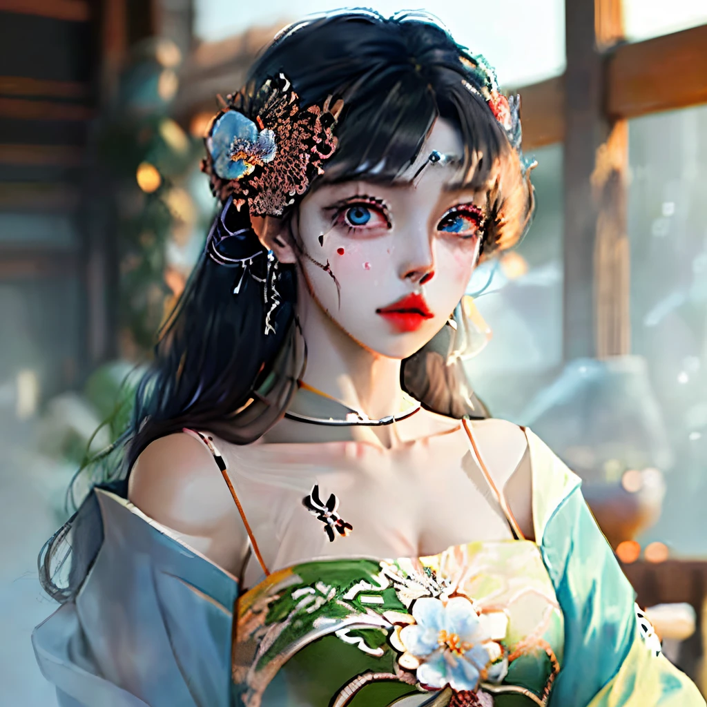 Long slit eyes, jade-colored eyes, glossy black hair, long hair, strong-willed yarn craftsman, Rin's female form