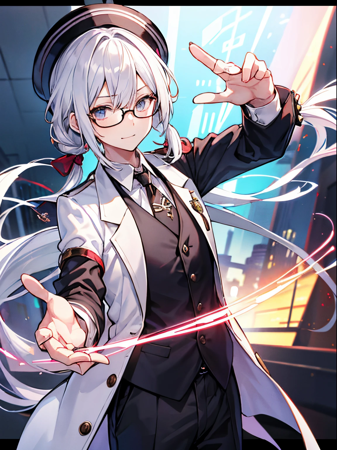 （masutepiece）（high-detail）male in his 20s、white  hair、poneyTail、Hats、tailcoat、neck tie、He wears round glasses with no rims、holding a smartphone in one hand、bright expression、Happily、Background with（It&#39;s like science fiction、Computer LCD screen is floating、He is trying to touch the LCD screen with his other hand.）