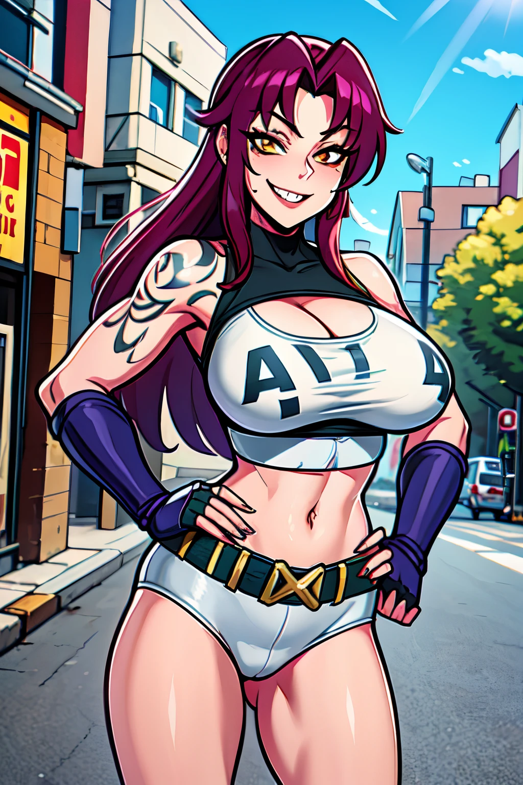 revy, arm tattoo, masterpiece, best quality, absurdres, 1woman, 42-year-old, milf, milf figure, looking at viewer, standing, outdoors, street, hands on hips, teeth, grin, fang, cowboy shot, fingerless gloves, belt