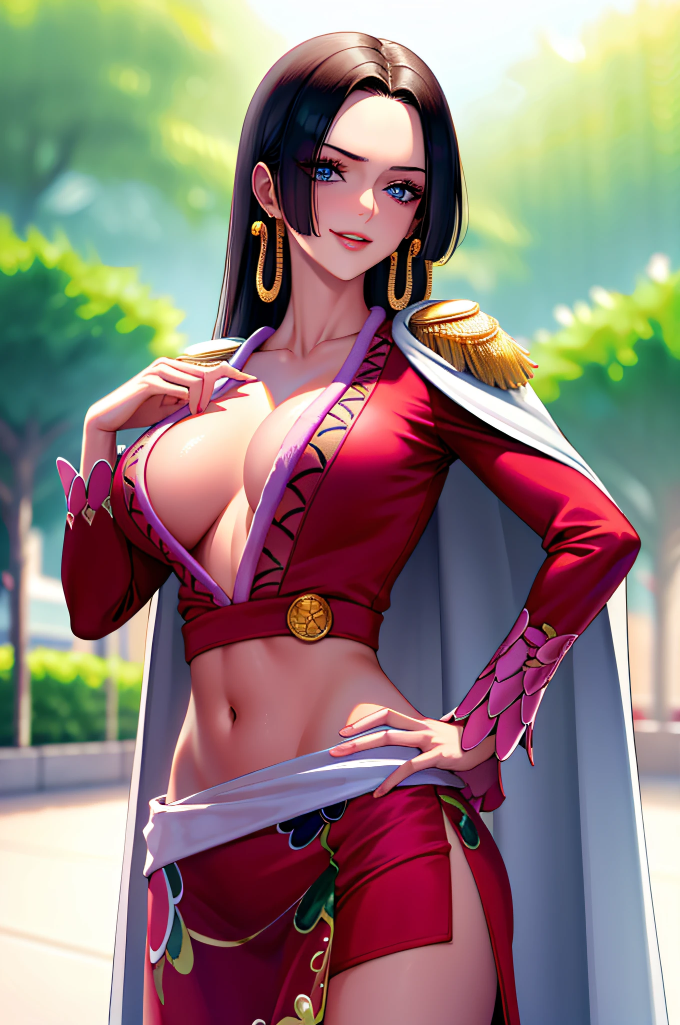 (masterpiece, best quality:1.2), cowboy shot, solo, 1girl, boa hancock, smile, looking at viewer, hand on hip, cape, epaulettes, cleavage, jewelry, earrings, midriff,NSFW,official art,extremely detailed CG unity 8k wallpaper, perfect lighting, (masterpiece:1.0),(best_quality:1.0), ultra high res,4K,ultra-detailed, photography, 8K, HDR, highres, absurdres:1.2, Kodak portra 400, film grain, blurry background, bokeh:1.2, lens flare, (vibrant_color:1.2),(beautiful_face:1.5),(narrow_waist),(perfect hands, perfect anatomy),