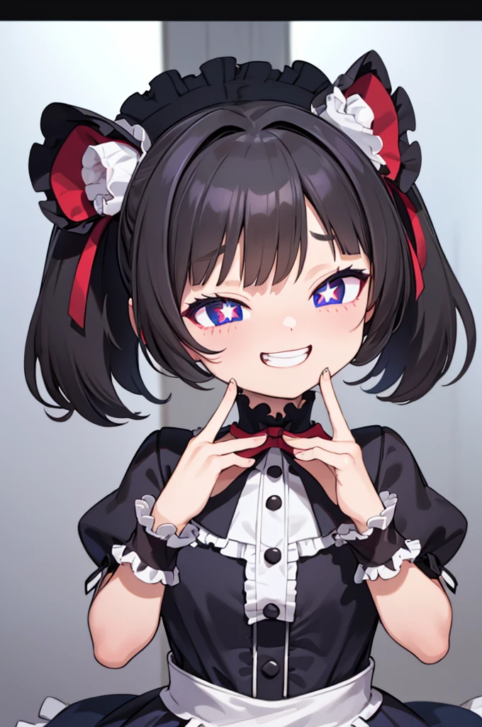 masterpiece、top-quality、ultra-detailliert、high-resolution illustrations、Ultra-high-definition CG、8k size wallpaper、offcial art、production art、Skin quality improvement、(Gothic ta:1.3)、(grin)、(girl with)、(short twintails),(star-shaped pupils:1.5),(Excited eyes:1.5)、(big eye),(Face:1.5),(only face:1.5)、(Face Focus:1.5)、(close to viewer:1.5)、