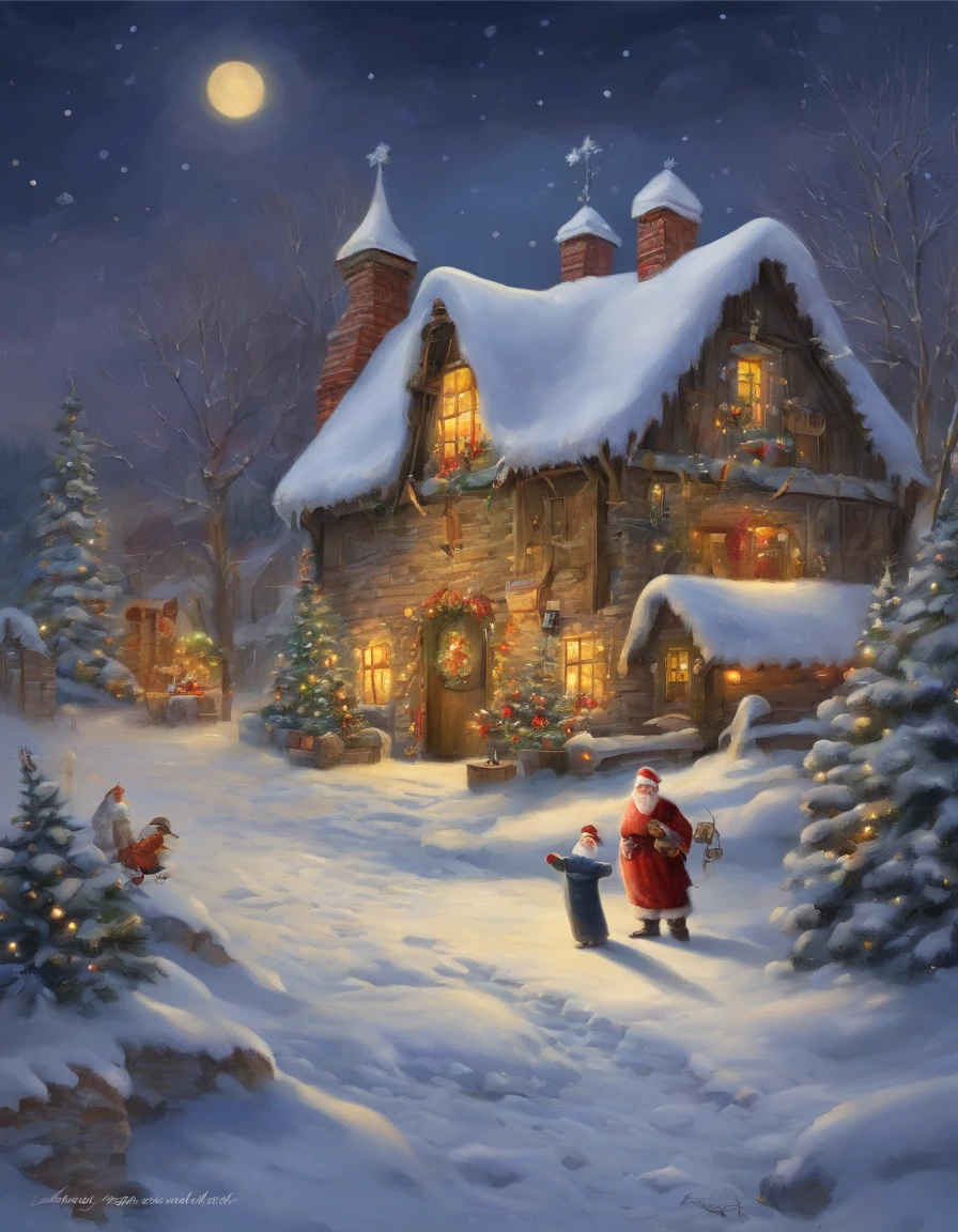 In a European-style house，Santa Claus is looking at the gift list，Gift Decoration Christmas Tree, santa, each，robin，Christmas elements，European style，The ground is full of Christmas gifts，Very high resolution, traditional art, Santa Claus Studio, 超A high resolution, Illustration, christmas night, very high res, Santa Claus in a barn in the countryside, hyper realisitc，Exquisite、best qualtiy、ultra-detailliert、Fine、Positioning details、Colorful colorful