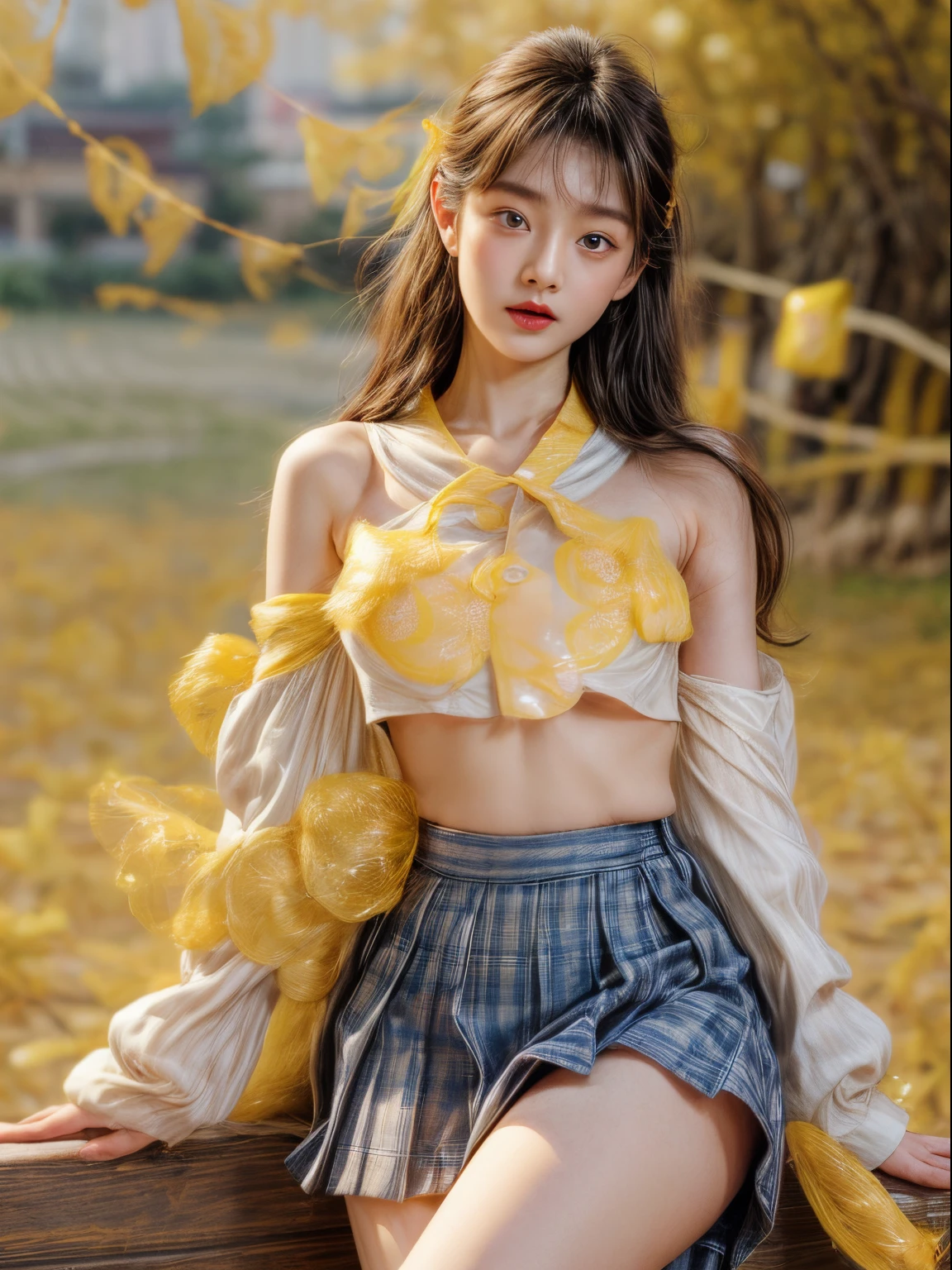 masterpiece、8K、32,000、top quality、(eye for detail)、(cute japanese girl、forehead)、 years old、1 woman、elegant、(Detailed background description、portlate:1.2)、(sailor shirt、plaid bustle skirt)、(yellow fallen leaves:1.2)、cowboy shot、smile、(reduction:1.7)、thighs thighs thighs thighs