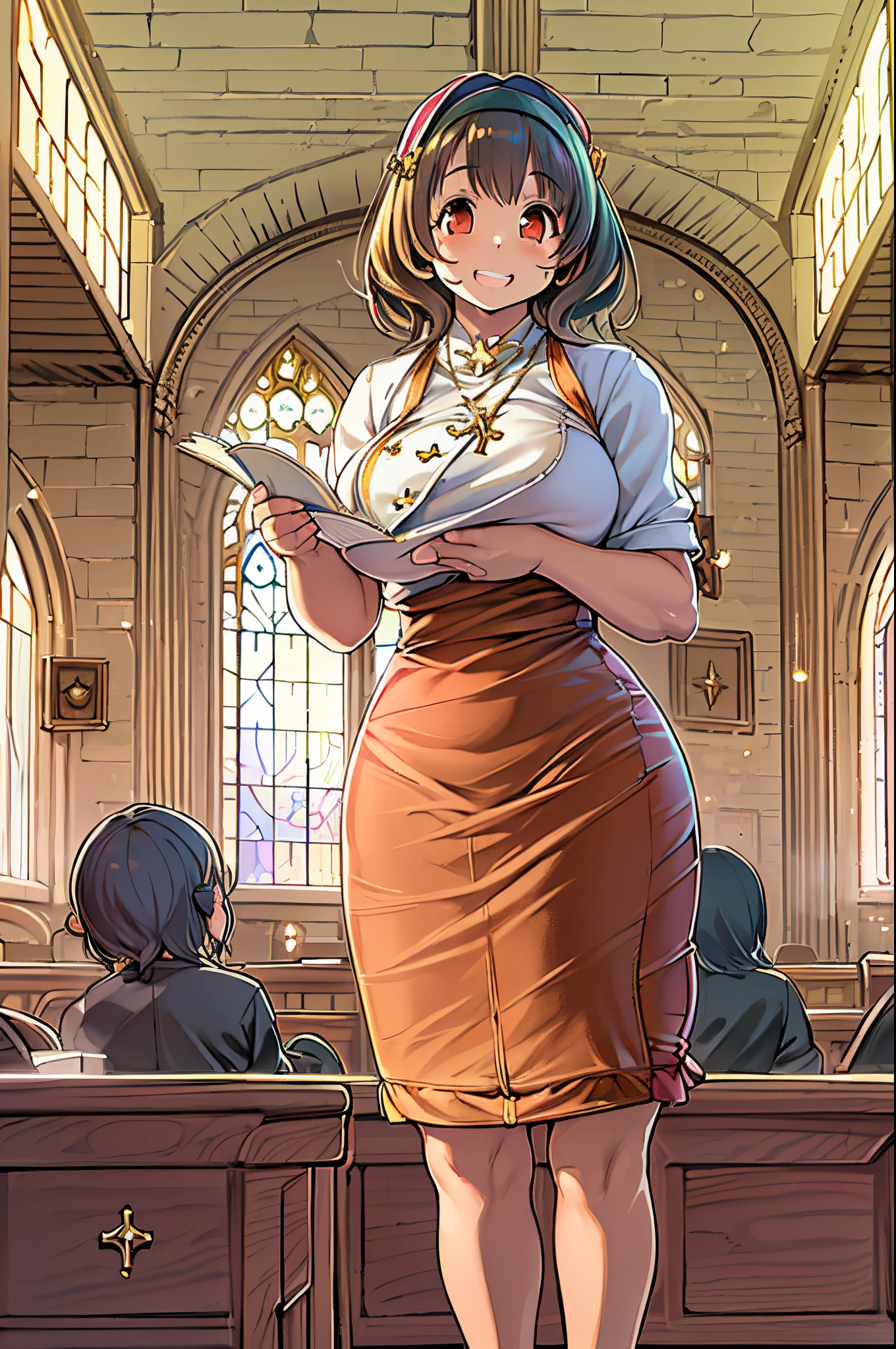 masutepiece, excellent, (of the pulpit: 1.8), Ultra-high-definition CG rendering, Standing, 1 Royal Sister, Woman with short tanned hair, layered dress, Hands folded at the waist, Illustration, Wide-angle panorama,bbw、huge-breasted、A big smile、In class、