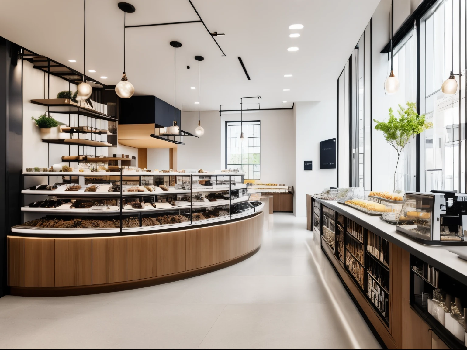 A wider coffee operation area in the bakery（There are a lot of items），Items include coffee machine、Coffee cups, etc，The main color of the decoration is off-white，The floor is off-white tiles，There are low bakery cabinets around