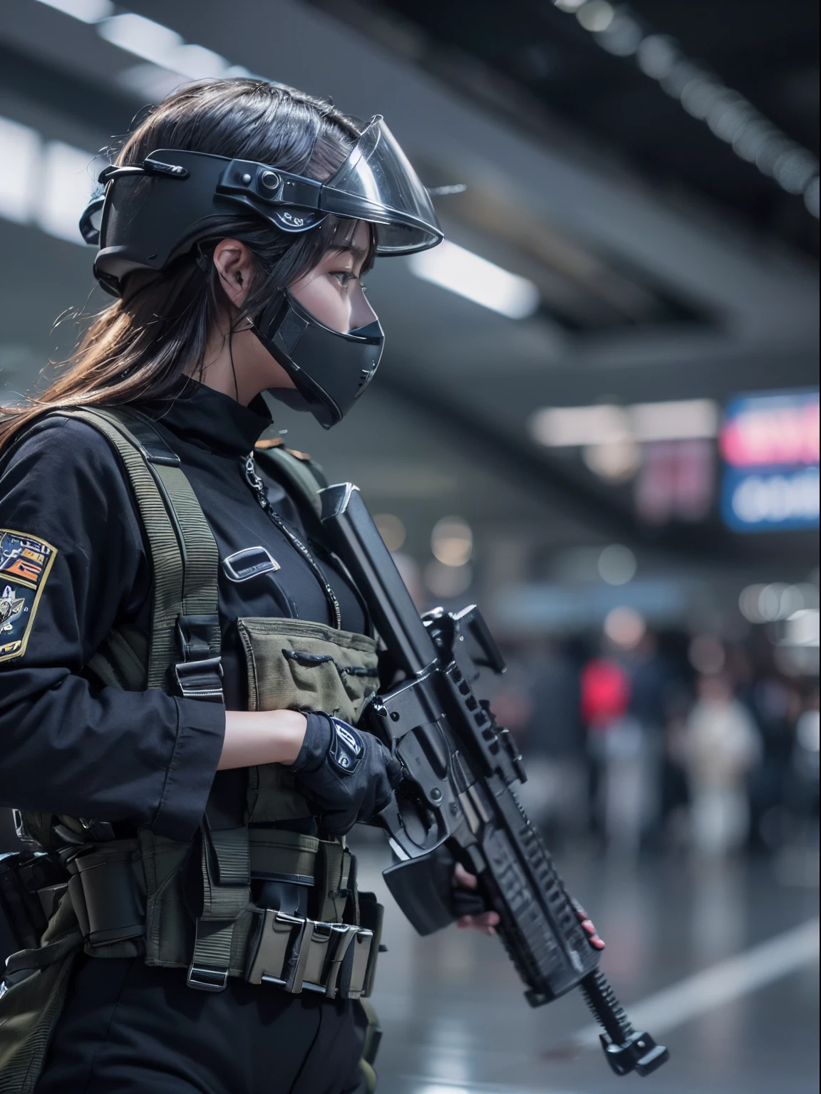 (full body: 2), (masterpiece:1.3), (8k, photorealistic, RAW photo, best quality: 1.4), Female Police Officer, Malaysian police, police patrolling on the streets, gun in her hand, police uniform, apocalyptic streets, background protests on streets, red skies