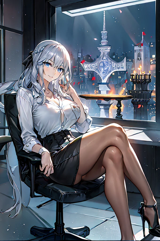 （Enrich the picture，Masterpiece level quality）Beautiful 8K CG artwork,1girl,solo,morgan le fay (fate),detailed face, perfect face, perfect eyes,blue eyes,smile, Long Hair, pony tail,Very long hair, big boob, black bow, white shirt,looking at viewer,Hair Bow, thights,side locks, French braid, grey hair,Goddess-like posture,Kneeling exercise,Slim and soft,Translucent skin,big breasts,