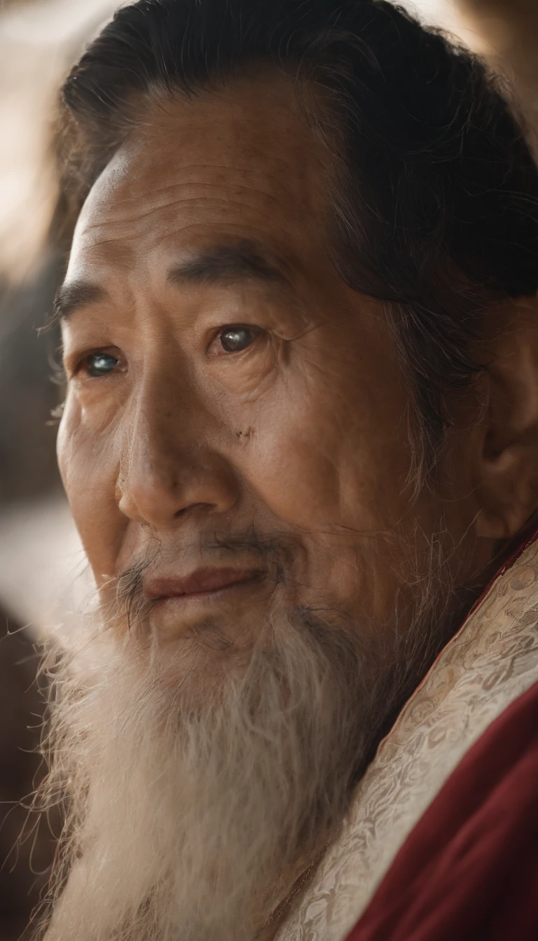 classical、a little bit chubby、Portrait of an old man in China（Deities）；largeeyes、二重まぶた、with a round face、[[Low cheekbones]]、Long beard、White hair、no headwear、hair tying up；yellow clothing。solid color backdrop[[[paper texture 1.5]]];（close-up1.2），Audience visual inspection（facing at the camera）；真实感、hyper HD, retinas, tmasterpiece, Acura, Anatomically correct, Award-Awarded, high high quality, high detal, super detailing, ctextured skin, Best quality at best, A high resolution,k hd, 4K, 8K, 16k。