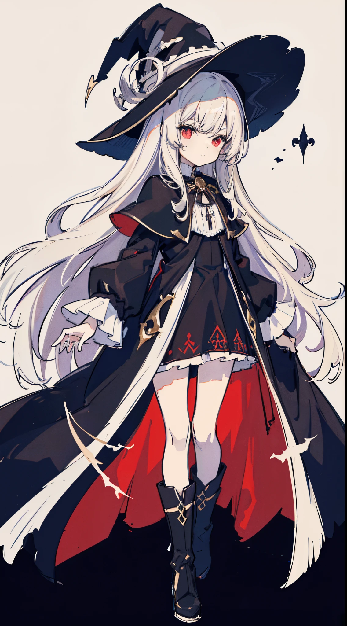 White long hair, Bangs, Red Eye, Witch, Witch Hat, Fantasy, fantasy-inspired,  black robes, victorian clothing, Aristocratic clothing, Long Brown Boots, Black tights, Black elements in clothes, Red elements on clothes, White elements in clothes, Yellow elements of clothing, Dark, Dim light, Puffy hair, Hair sticking out, ((sketch, Sketch style, Pastel style, dull color, Soft colors))