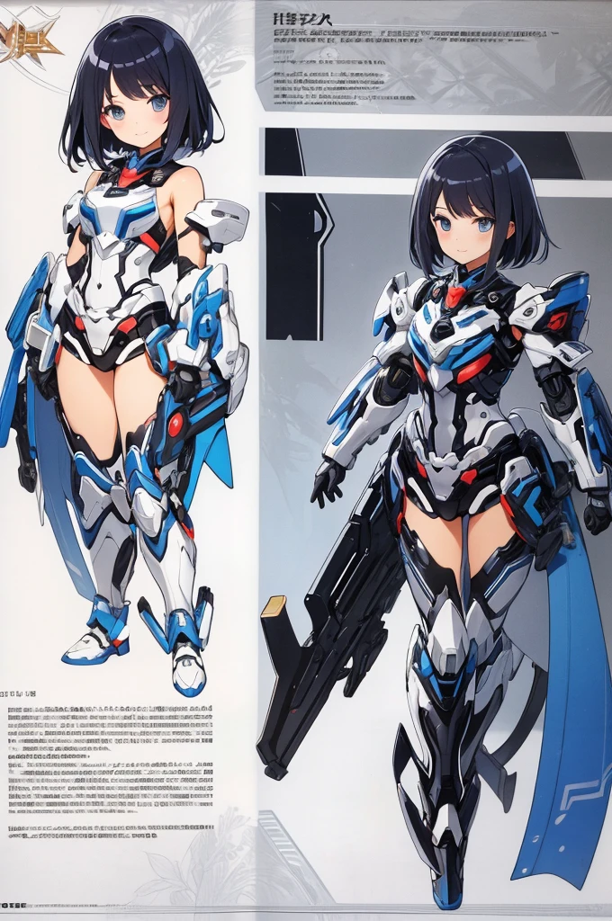 1girl, reference sheet, matching outfit, (official art,best quality:1.3), Ultra Detailed, sharp focus, full color, (beautiful detailed eyes:1.1), (Depth-of-field:1.0), (super fine-illustration:1.0), BREAK,
(character design, front angles, side angles, rear angles) , Shiny hair, short hair, shiny skin, (exposed skin:0.8), expressive eyes, warm smile, modest charm, (mecha musume:1.0), (mecha suit:0.8),