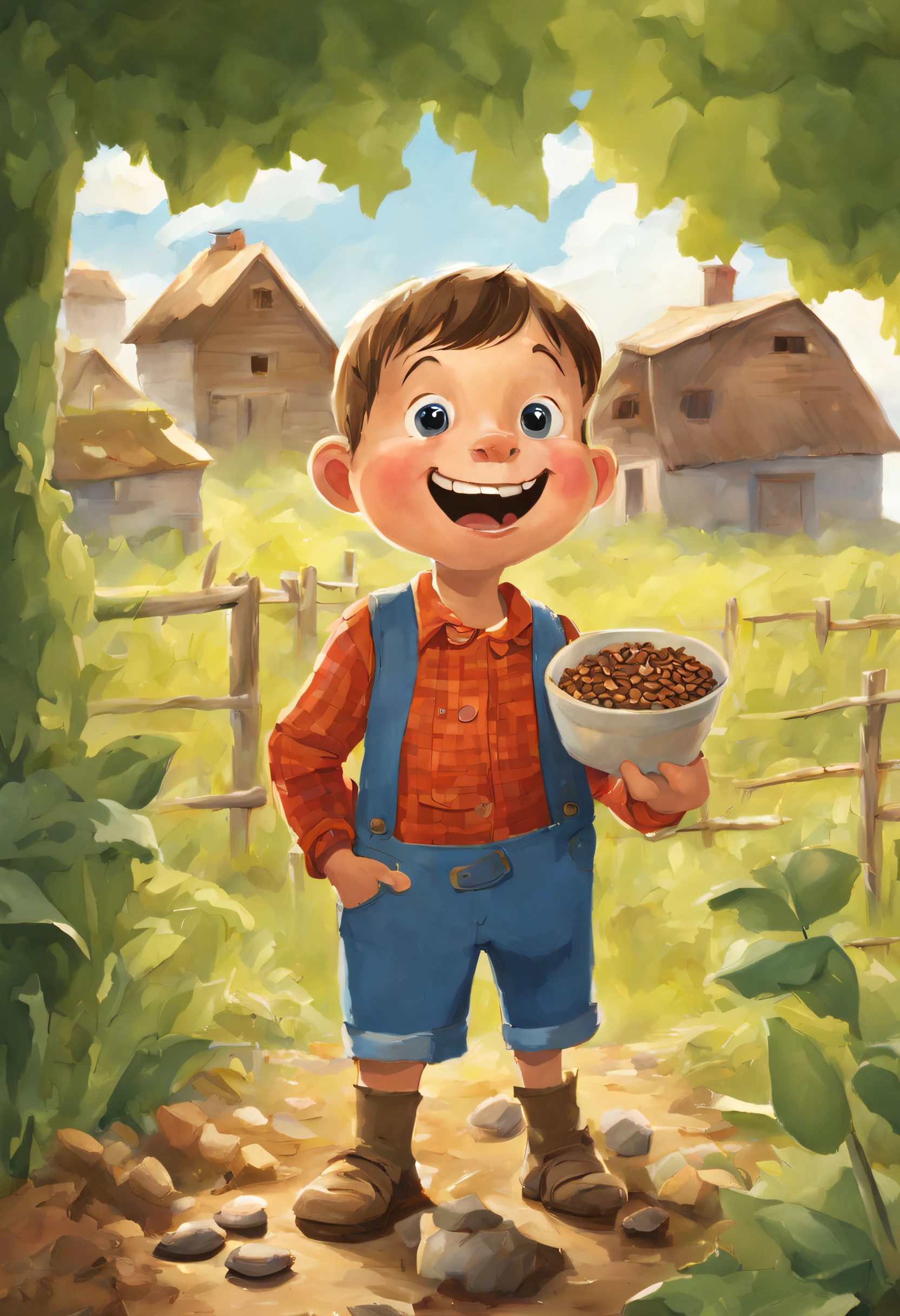 JOHN, a seven-year-old boy with big, expressive eyes, trades the cow for a handful of bean seeds. The scene should convey your hope and optimism.