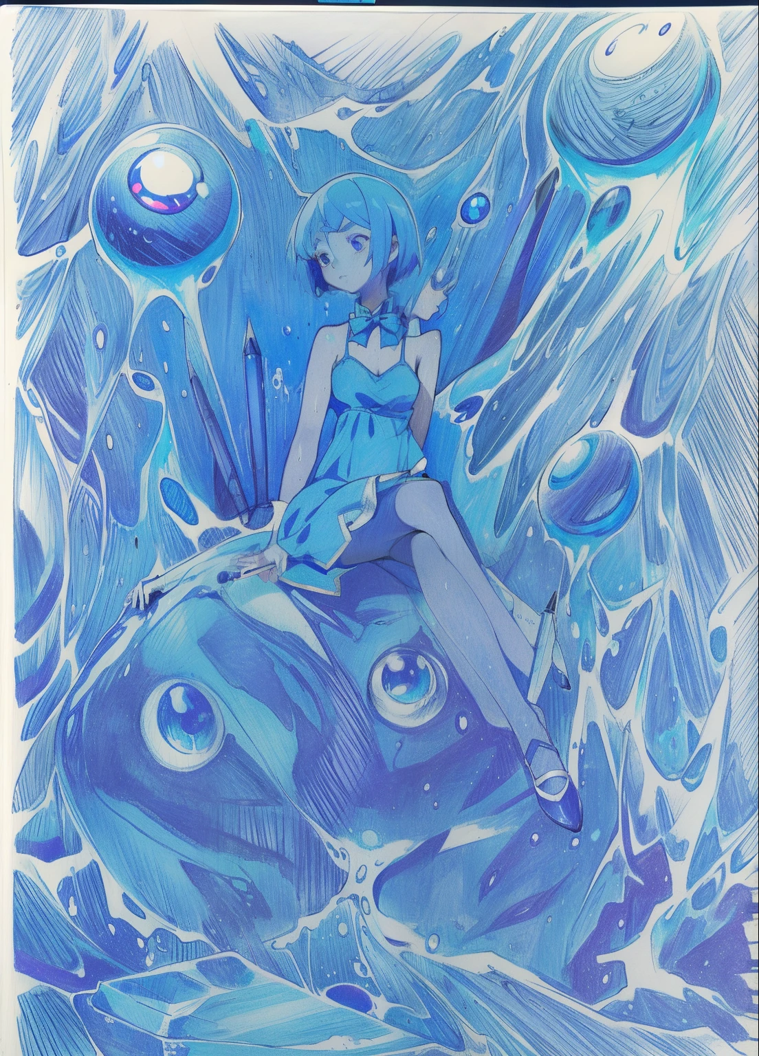 Drawing of a woman in a blue dress sitting on a rock, ink and ballpoint, Drawn with a ballpoint pen, Inspired by Philippe Drouyer, Ballpoint pen art, Cosmic horror illustration, emerging from blue liquid, cosmic horror concept art, ballpoint pen,, Micron pen drawing, water demon, Inspired by Ernst Fox&#39;s short-haired girl, aqua blue sports bra, aqua blue sports underwear, leather shoes, big eyeballs, purple liquid, sweating neck, bow tie, black stockings, high definition