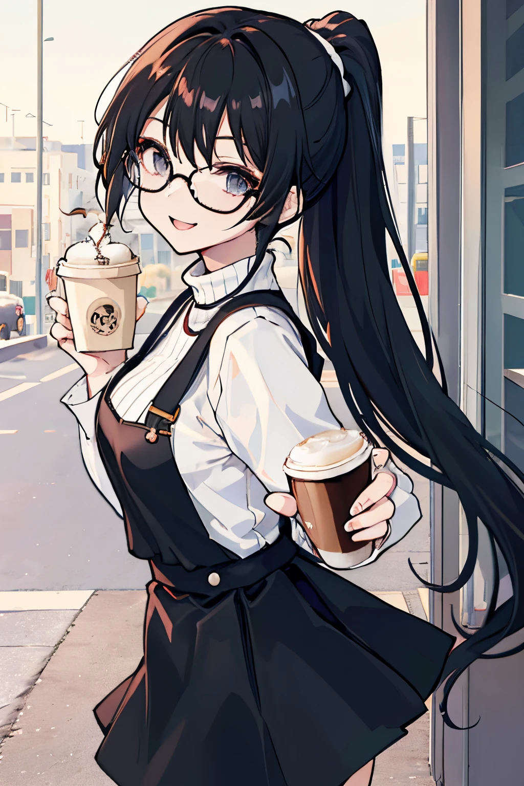 anime girl, black hair, long hair, ponytail, black glasses, medium breasts, white turtle neck sweater, Suspender skirt, black skirt, holding a coffee cup, smiling, flowy hair, windy, cafe background, cute