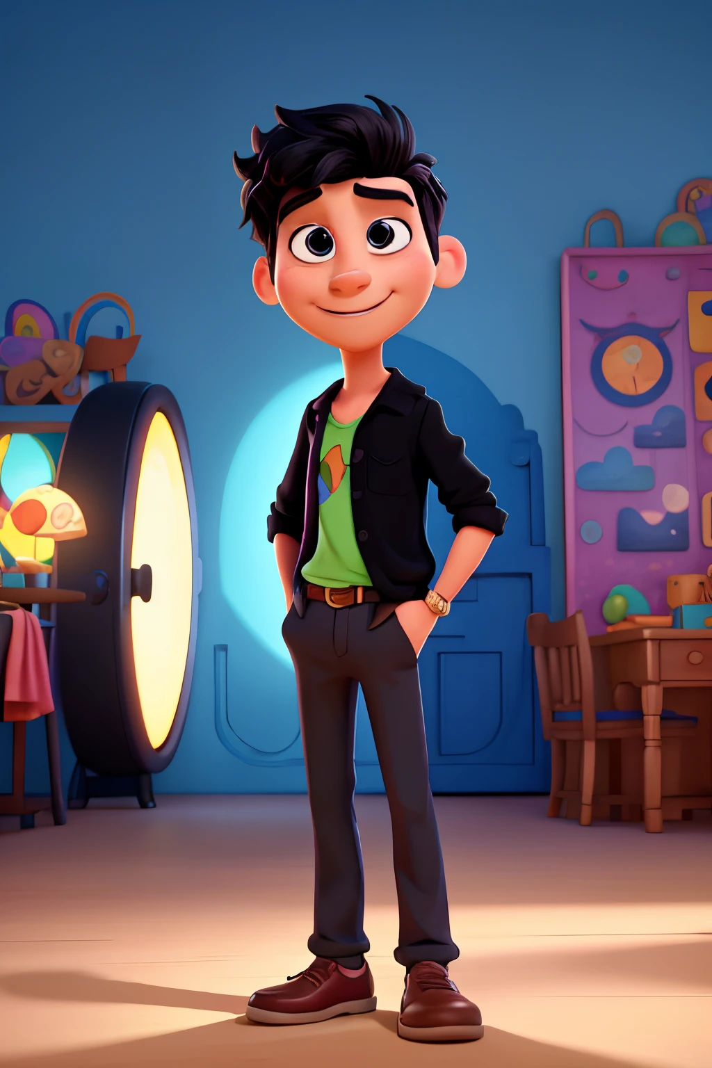 Disney Pixar-inspired movie tittle background, a male adult,, cartoon, vibrant colors, playful shadows, colorful palette, whimsical scenery, dynamic composition, cheerful atmosphere, cinematic quality, black short hair, black eye, smile, positive, black shirt, long pants, optimistic, round hair, no jacket, no hairstyle, funny, round face