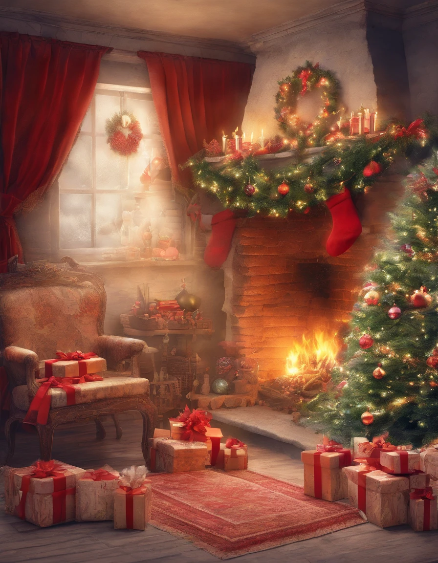 Create magical and magical Christmas greeting cards, Plenty of gift boxes available, Old sewing machine placed on the left or right side, and prominently features disaster victims., crochet & sew (knitting, crochet, and sewing).

[christmas greeting card cover]

[image: dream-like, fantasy inspired scenes]

In a world where dreams come true, A mesmerizing tableau unfolds in front of a crackling fireplace. In this magical environment、Packed with beautifully wrapped gift boxes。, Each one is decorated with otherworldly patterns and colors that sparkle like stardust.. These gift boxes create an atmosphere of surprise and anticipation.

Wool and colorful threads cascade down like a gentle waterfall., Weave an intricate magical tapestry that wraps around your room. the room is filled with softness, The pleasant glow of fairy lights, Creates a dreamy atmosphere where holiday wishes pop out.

Suspended from the ceiling、decorate the fireplace mantel, Wreath woven from magical baubles and elf bells, Next to the old sewing machine, Adds a layer of magic to your settings, Let&#39;s make this Christmas a truly wonderful and dreamy adventure.

[Click here for heartfelt Christmas greetings]

Make sure the tone is kept warm, Inviting, Filled with dream magic, victim, crochet & sew. Thank you for creating this fantastic scene