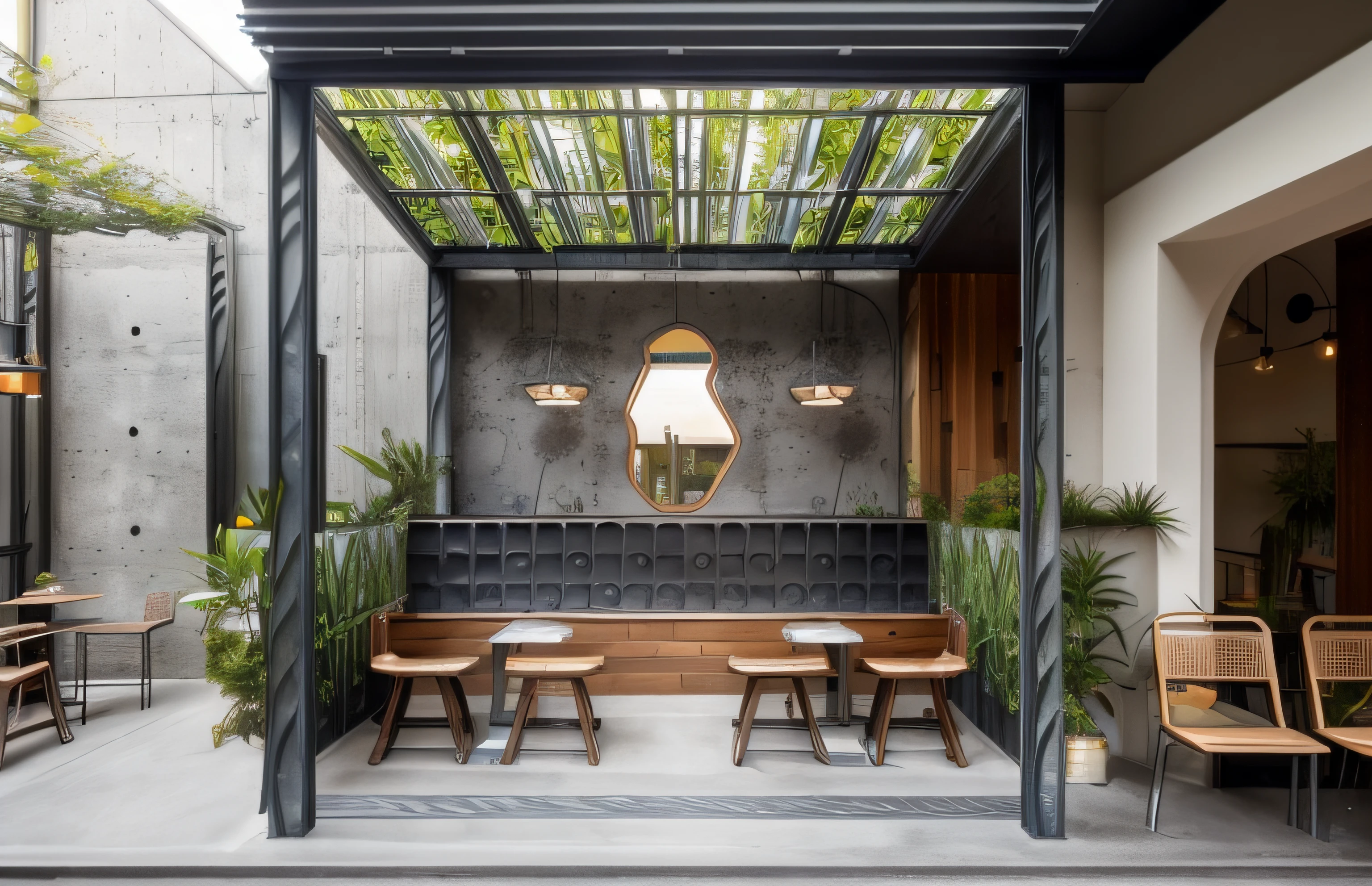 Architecture and Construction: Using Iron and Concrete: The café is primarily built using industrial materials such as iron and concrete, creating a sense of solidity, sturdiness, while still carrying strong aesthetic and modern elements. Open Structure: The design features an open space with large window frames, allowing natural light and an airy environment, fostering a connection with nature outside. Interior Design and Decoration: Metal Furniture: Chairs, tables, bookshelves, and other café items are made from iron or metal, often in black or stainless steel, creating an industrial and modern appeal. Concrete Color Scheme: Floors and ceilings are often painted in concrete colors or left in their natural concrete state, creating a unique beauty and accentuating the iron/metallic furniture. Incorporating Natural Greenery: To soften the industrial space, the café utilizes greenery such as plants, potted grass, climbing vines, adding vibrant accents and a sense of closeness to nature. Design Details: Warm Lighting: Warm decorative lighting is used to create a cozy, muted, and relaxing ambiance. Lighting mainly comes from pendant lights, table lamps, and wall sconces. Simplicity in Style: The design is neat, creatively thought out, yet not overly intricate. Optimizing space to create a comfortable ambiance for customers. Natural Setting: Utilizing decorations like flowers, leaves, hanging plant lamps, or plant stands to create a cozy and comfortable environment, enhancing the natural ambiance of the café. Outdoor Space (if available): Greenery in Outdoor Area: If there's an outdoor space, incorporating greenery, flower pots, artificial grass carpets, or even climbing plants to create a cool, relaxing, and inviting environment for customers. Summary: Industrial-themed cafes using iron and concrete often bring about uniqueness, modernity, and strength. Coupled with the use of natural elements, the space becomes warm, closer to nature, and creates vivid focal points, h