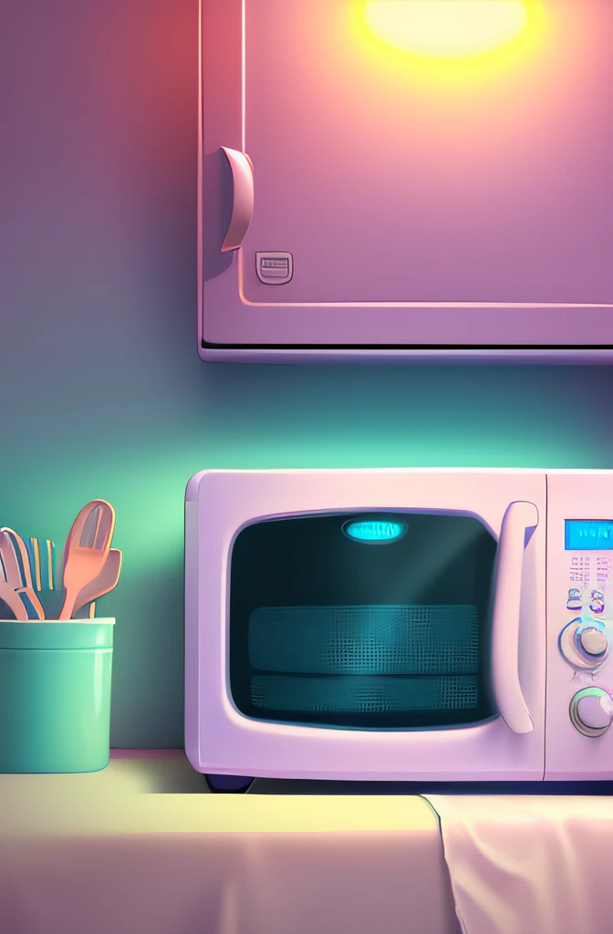 A haunted microwave，Has a weird and supernatural appearance，(Glow from the inside out), An atmosphere suggesting that the toaster is possessed by a ghost.., dim kitchen background, Spooky like, supernatural elements in images, Ethereal, (floating food），illustratio，Best quality，tmasterpiece，（pastel colour：1.2）