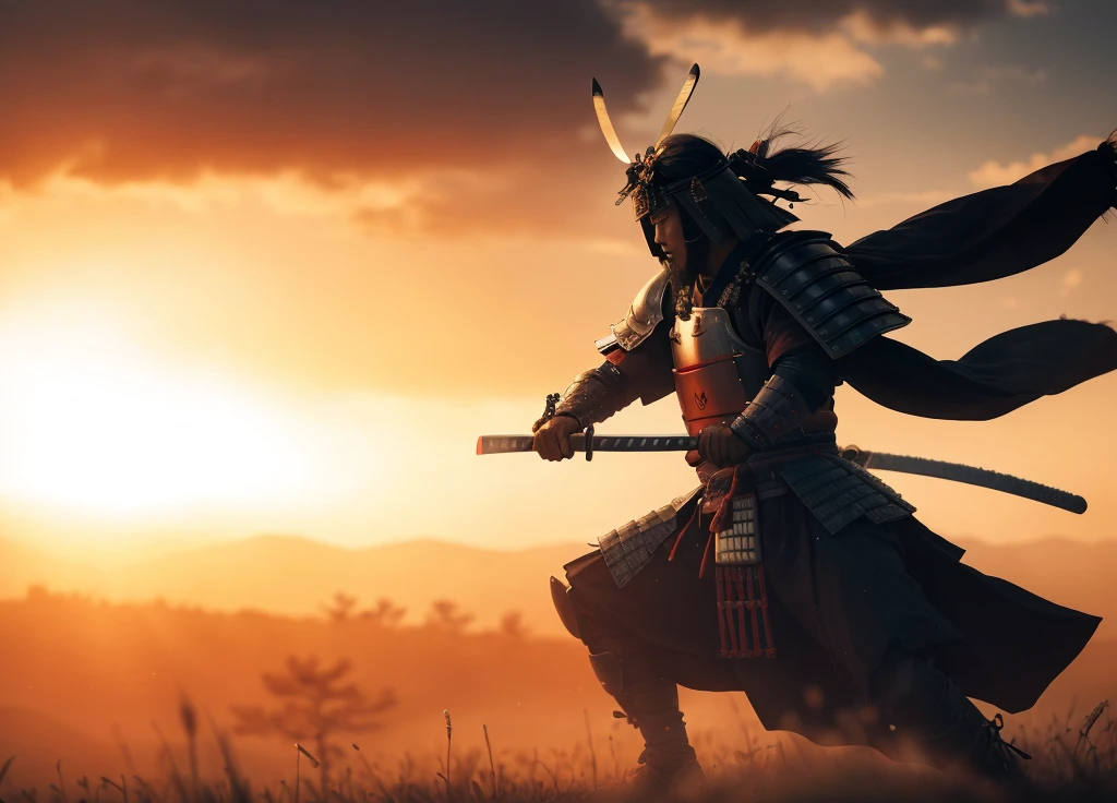 Samurai in full armor holding a sword in a field at sunset, guerreiro Samurai, japanese samurai, Fantasma de Tsushima, japanese warrior, ancient japanese samurai, como Samurai, epic samurai warrrior, estilo Samurai, foto de retrato Samurai, Roupa de Samurai, vestido com armadura Samurai, Samurai, inspired by Kanō Hōgai, inspired by Kanō Sanraku