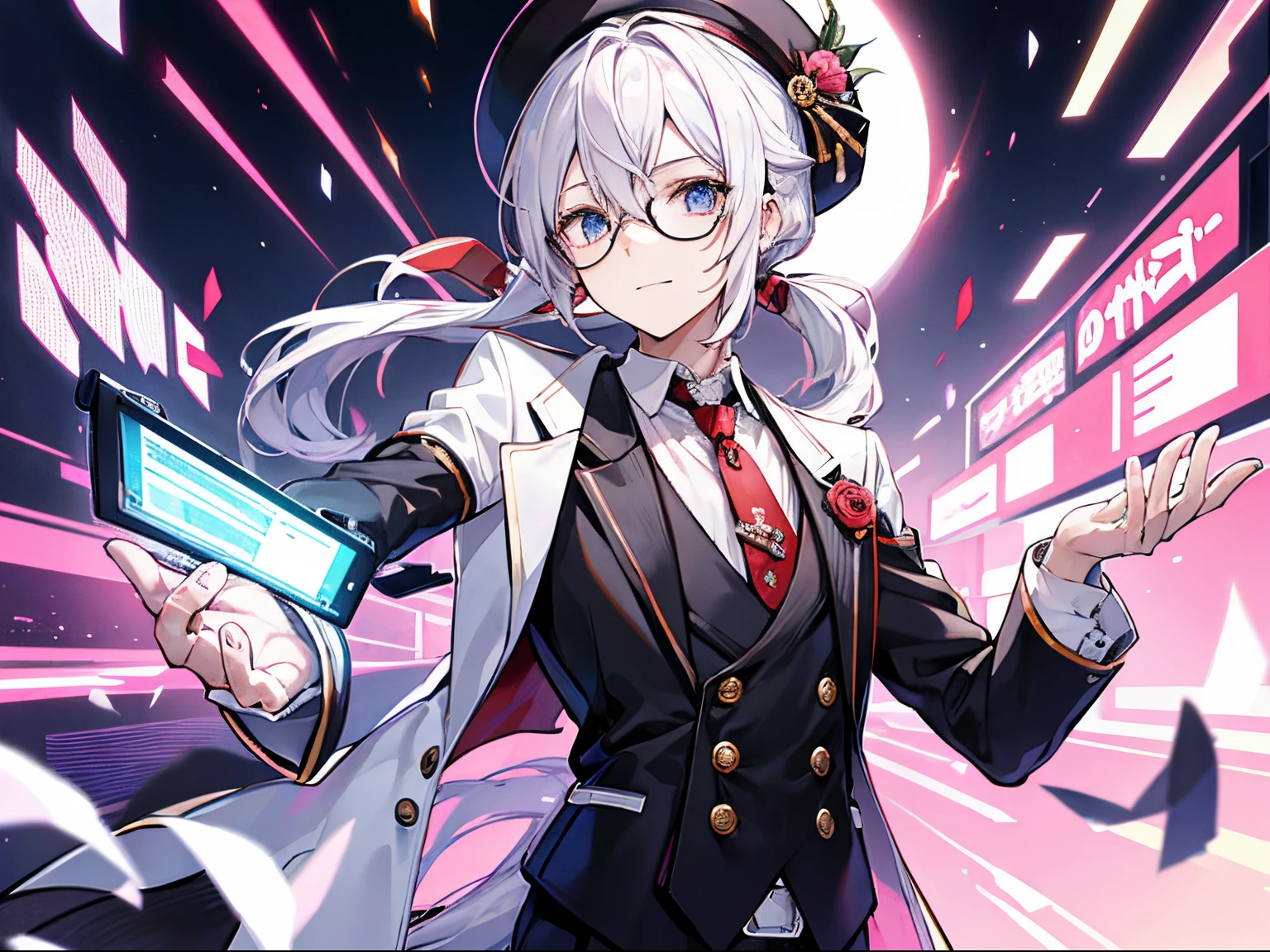 （masutepiece）（high-detail）male in his 20s、white  hair、poneyTail、Hats、tailcoat、neck tie、He wears round glasses with no rims、holding a smartphone in one hand、bright expression、Happily、Background with（It&#39;s like science fiction、Computer LCD screen is floating、He is trying to touch the LCD screen with his other hand.）