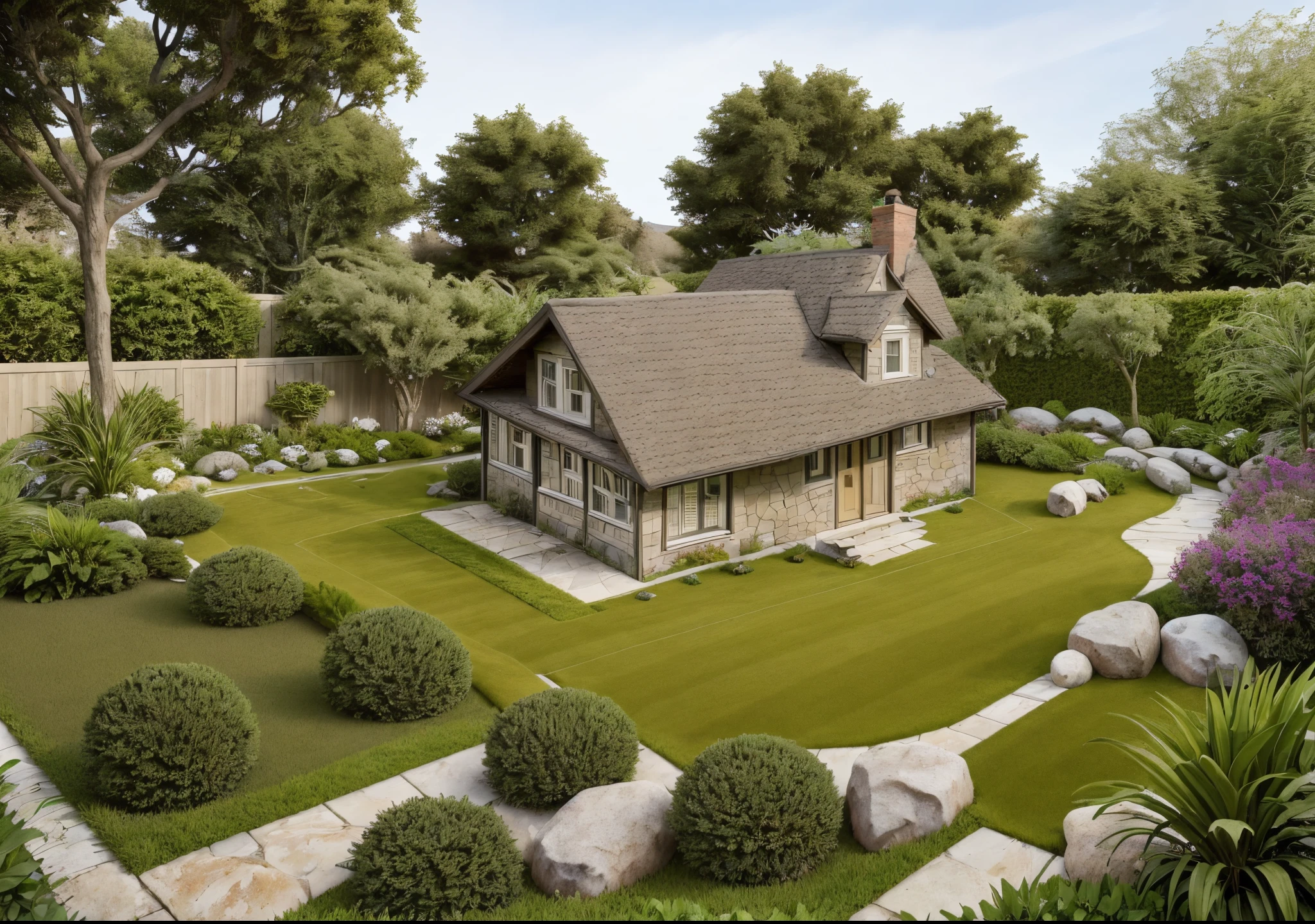 (( best quality)) (( ultral realistic)) photo of garden, close of small house , stone on grass, grass way