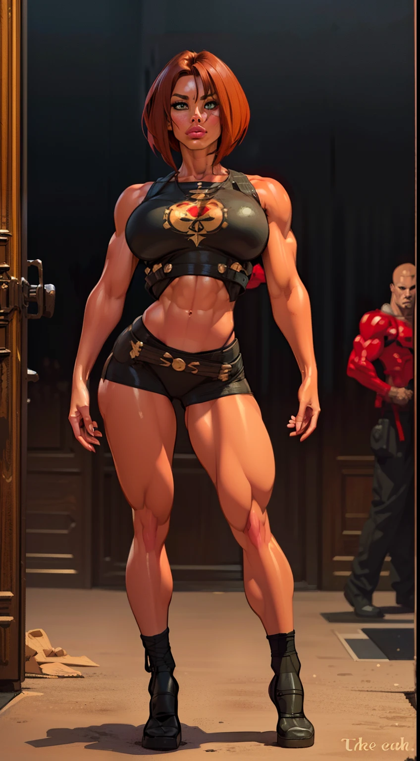 Warrior Woman ((full body view:1.4)) Masterpiece, ((Thepit Style:1.4)), (Tanned:1.5), (short red hair:1.4), muscled body, Feminine, Huge upper body, wide shoulders, veins, ((beatiful face:1.5)), full lips, slim face, high cheekbones, muscular, in the art style of mohrbacher, In the style of Peter Morbacher, body armor