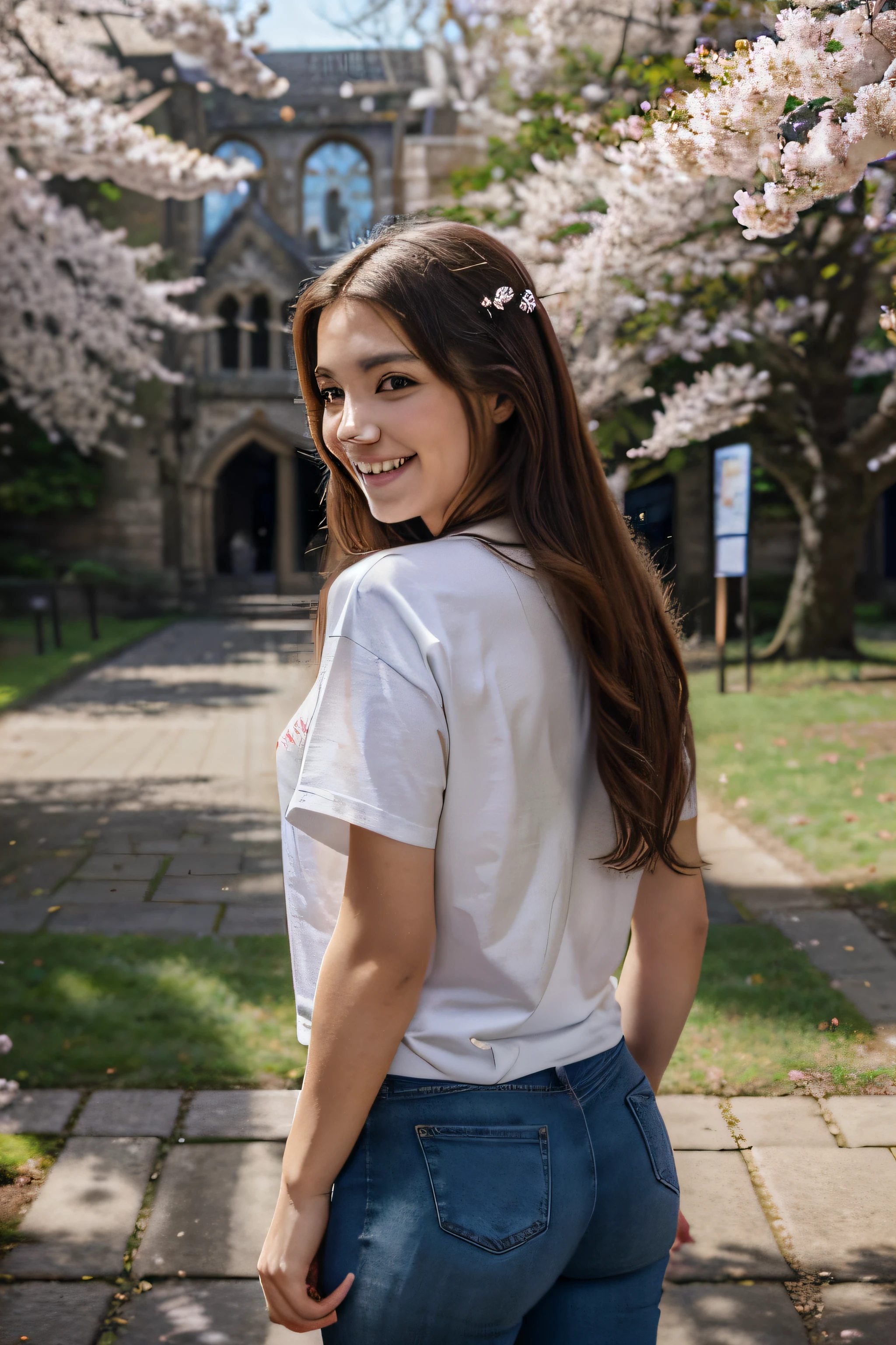 ((Best Quality)), ((Masterpiece)), (detailed), perfect faces, cherry blossoms are falling, intelligent, luminous, Back view of long haired woman,smiling,looking at each other, talking, wearing a t-shirt and jeans, The university is visible in the background, medieval gothic university, Only half of it is visible because it is covered by cherry blossom trees., relaxing ambiance