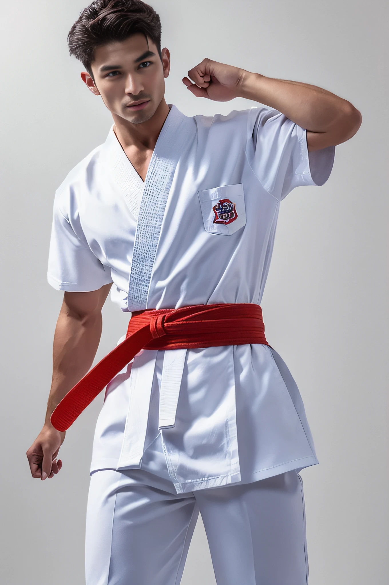 a picture, a handsome, 8k full body portrait of a man, Charming sweet look, badness, shorth hair, musculature, clong legs, Muscular legs,, bare-legged, Detailed muscular physique, a picture, (​masterpiece, top-quality, top-quality, Official art), Stick out your fist, Large and dynamic movements, Photorealistic depiction,20yr old, Toned waist, White Karate Uniform, Karate Belt, White karate pants, Accurate depiction of details, Perfect skeleton, Look straight at your audience, sharp gaze